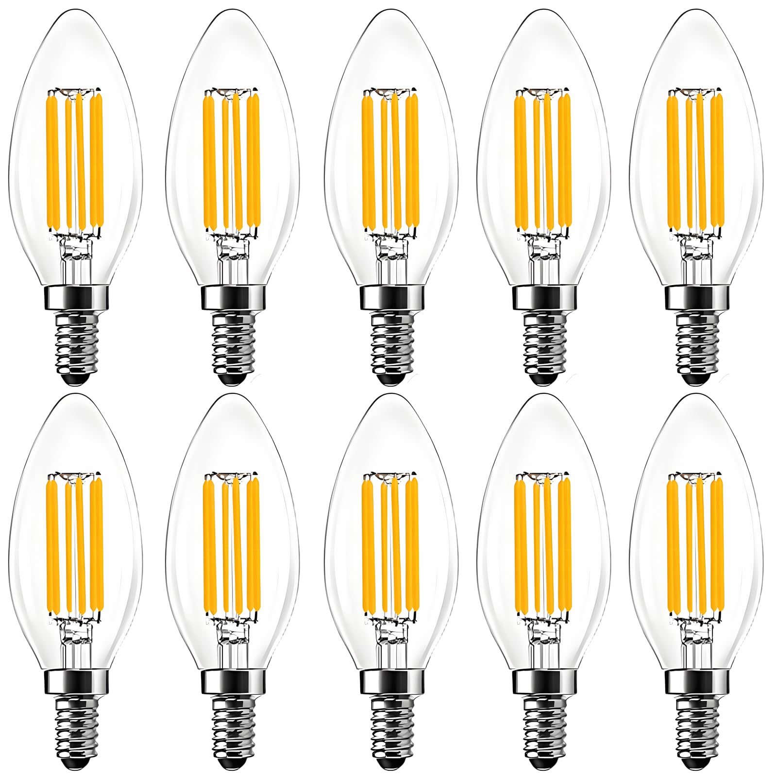 WULUN 10er Pack E14 Kerze LED Lampe für Kronleuchter, E14 Glühfaden Retrofit Classic, 6W 600 Lumen 2700K Warmweiß ersetzt 60 Watt, Filament Fadenlampe, Dimmbar