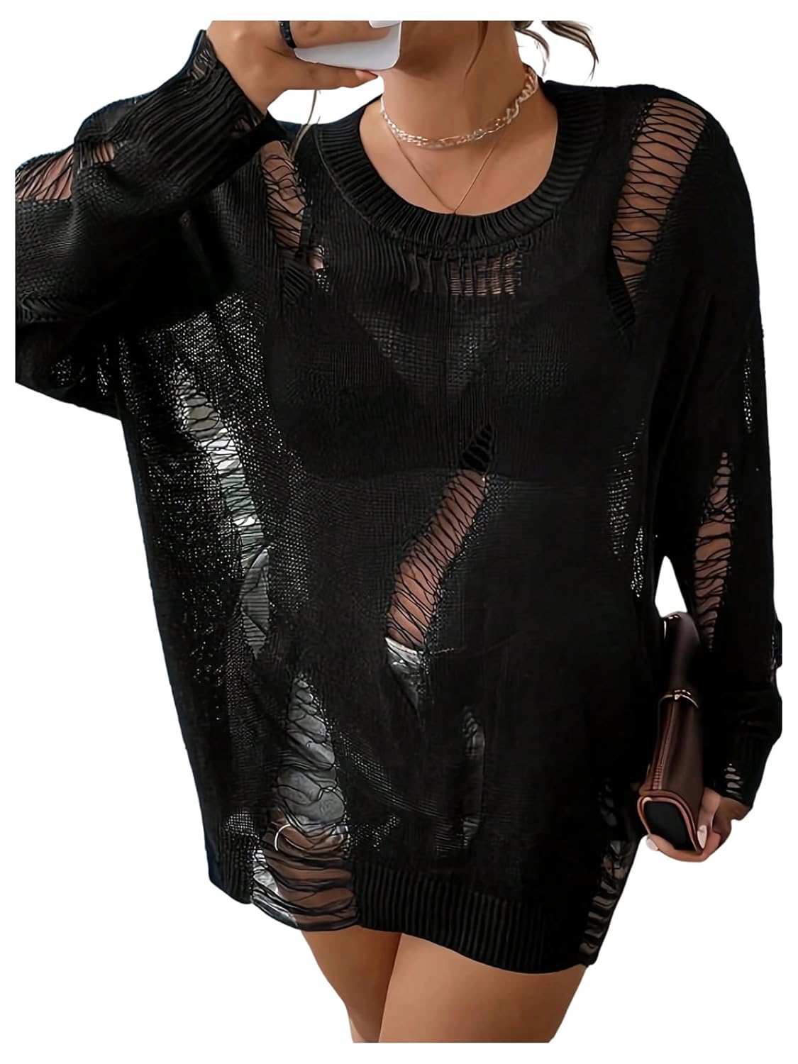 Womens Plus Size Y2k Ripped Sweater Goth Sweater Distressed Hollow Out Long Sleeve Oversized Knit Top