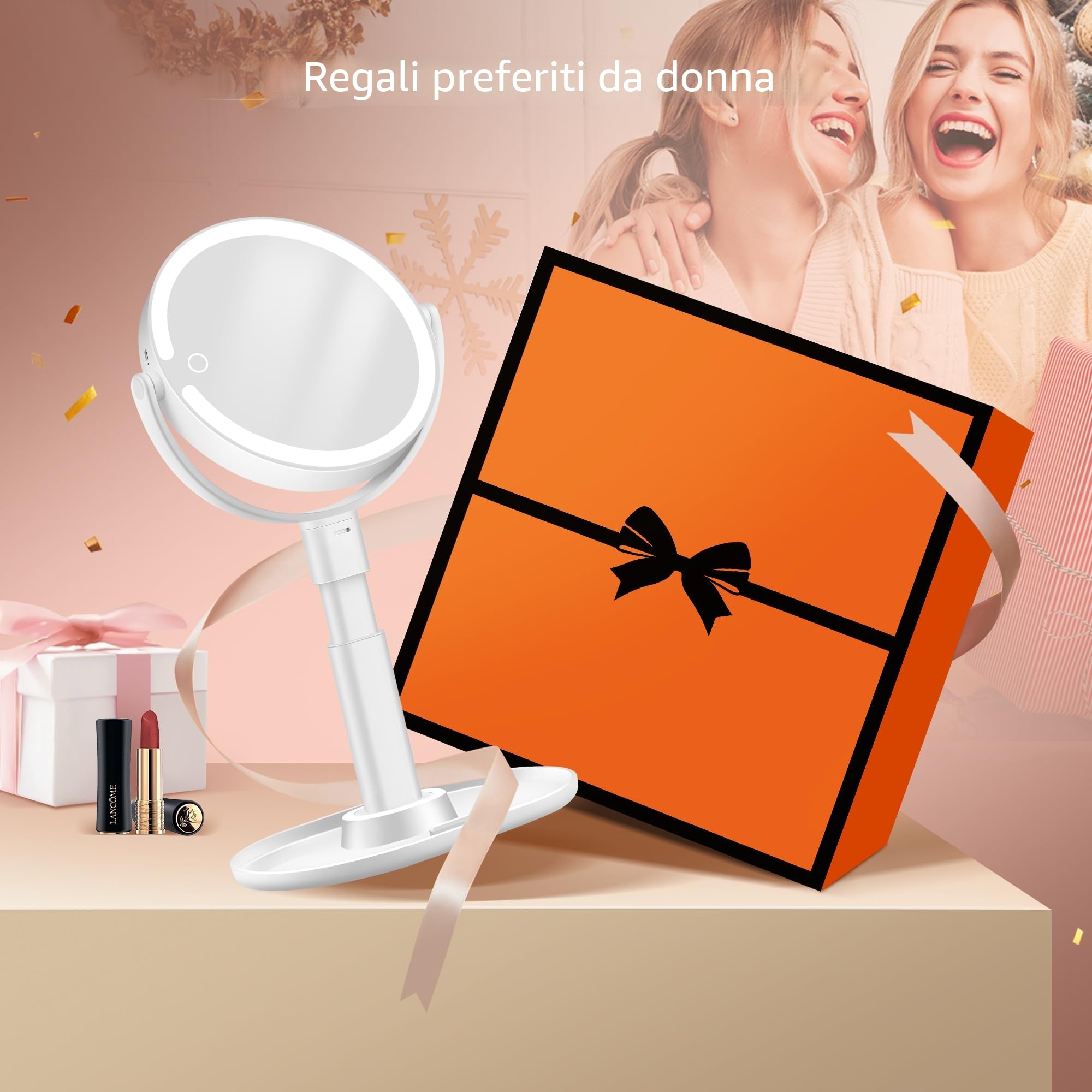 B Beauty Planet Specchio da Trucco Illuminato 30 X con 3 Luci di Colore, LED Dimmerabile e Regolabile in Altezza – Specchio Cosmetico 2 Lati per Bagno – Regalo per Donne Bianco