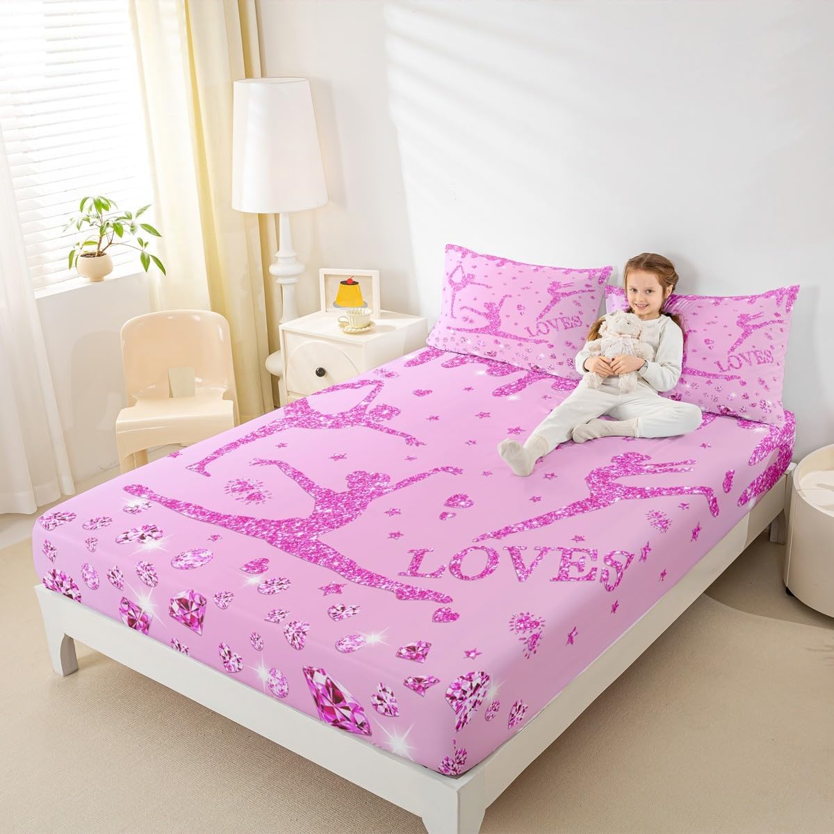Erosebridal Kids Glitter Gymnastics Bedding Set Twin Girls Pink Sequins Diamond Bed Sheets for Gymnast,Gymnastics Lover Sheet Set Love Hearts Stars Fitted Sheet + Flat Sheet + 1 Pillow Case