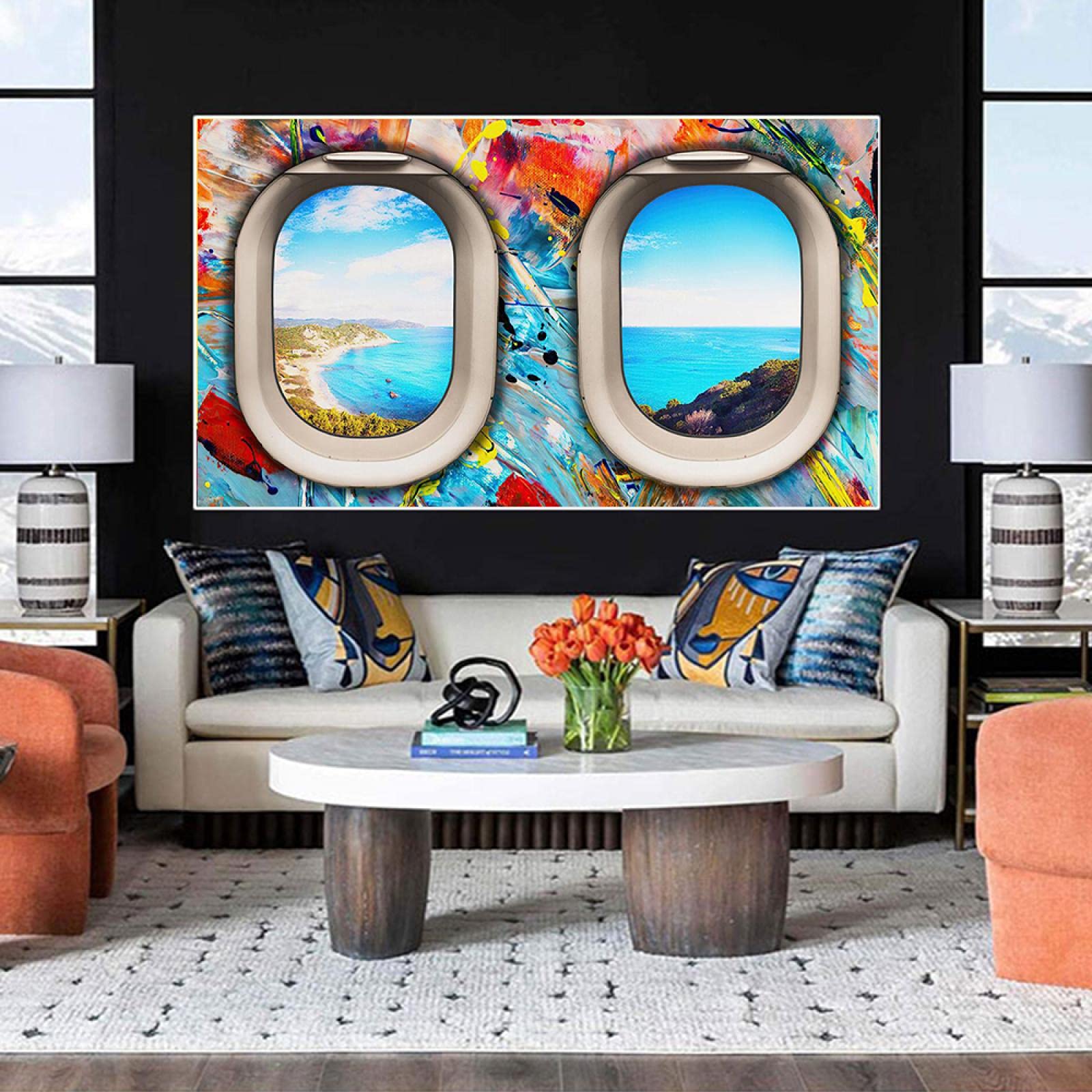 Toile peinture murale avion et vue mer affiche abstraite grand format 50x70