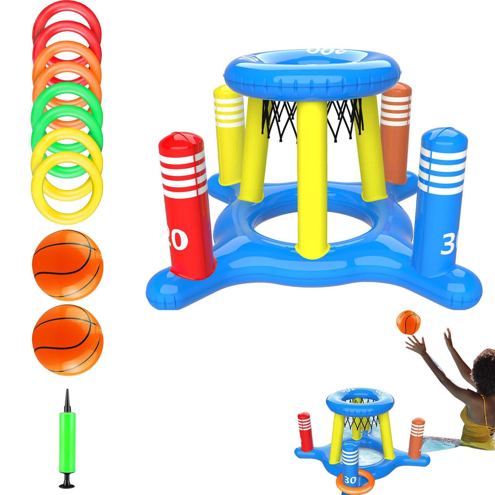 Anneau de basket-ball pour piscine, pour la piscine pour de 4 à 8 à 12 ans - Jeu de lancement de cerceaux et anneau de basket-ball en PVC flottant 2 en 1 | Comprend 2 balles, 8 anneaux