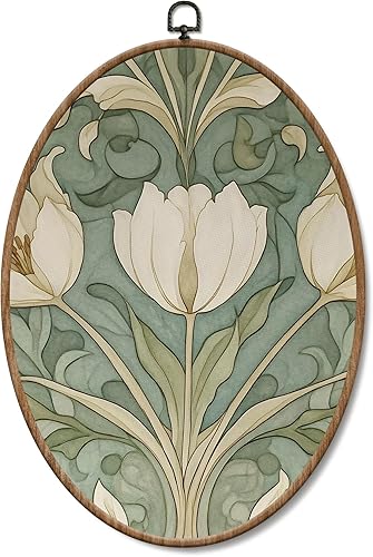 Yorhifa Arte de pared enmarcado verde salvia vintage, arte de pared ovalado floral blanco, decoración de paredes ovaladas de flores retro, lienzo
