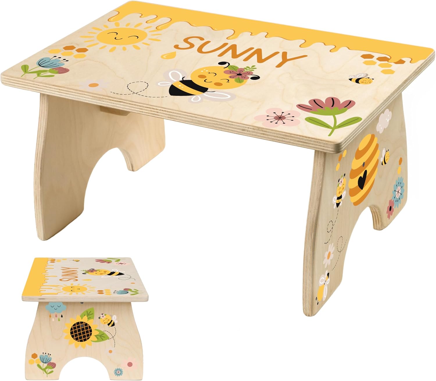 Bee Step Stool for Toddlers- Personalized Wood Kids Step Stool with Name for Kitchen Sink, Bathroom, Potty Training, Toilet, Kitchen Sink- Sturdy and Safe- Made in USA by BloomOwl (Bumblebee)
