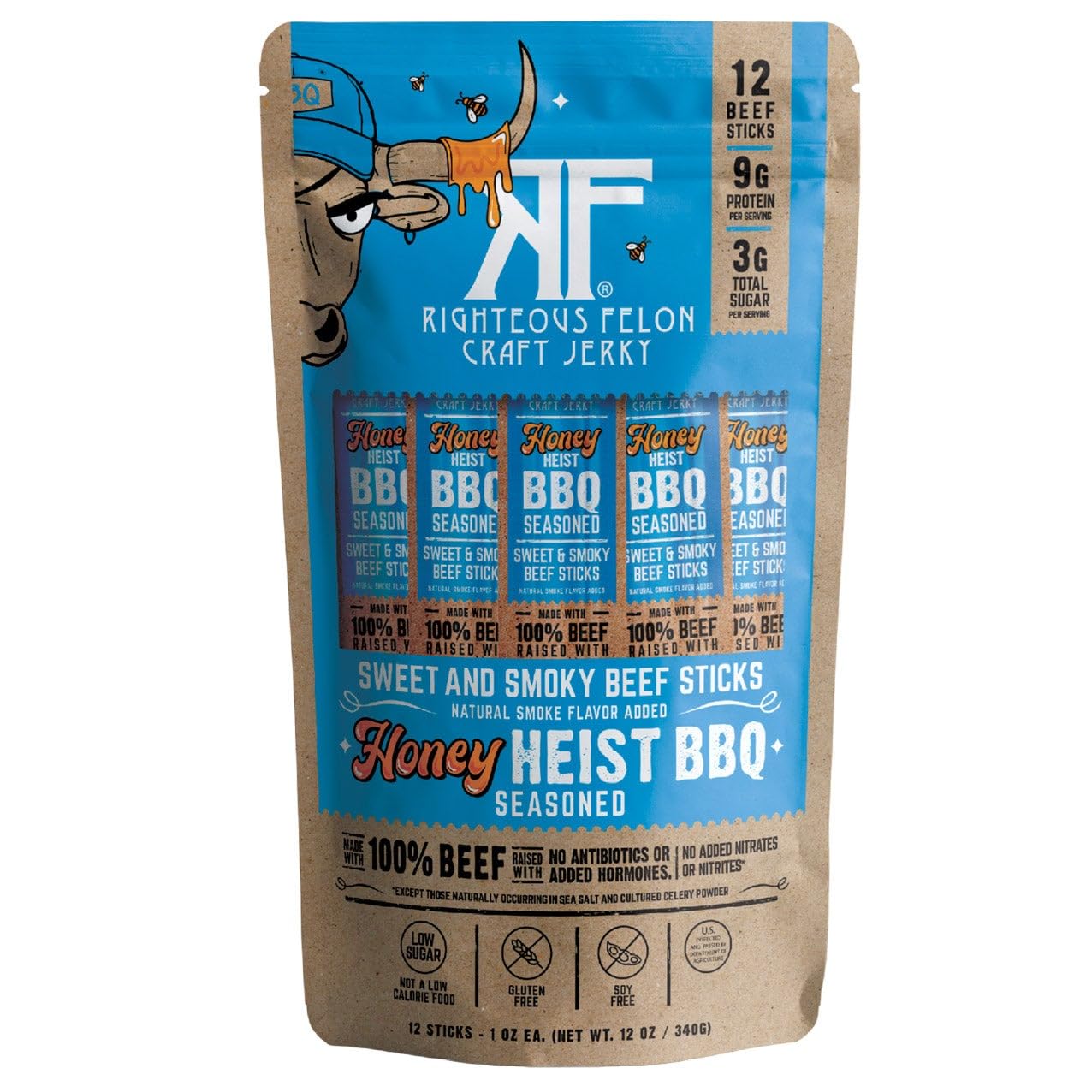 Beef Jerky Sticks - Honey Heist BBQ - 12 Stick 1 Oz (Total 12 Oz) - Keto Friendly, High Protein Meat Snacks - Made with Pasture-Raised Beef.