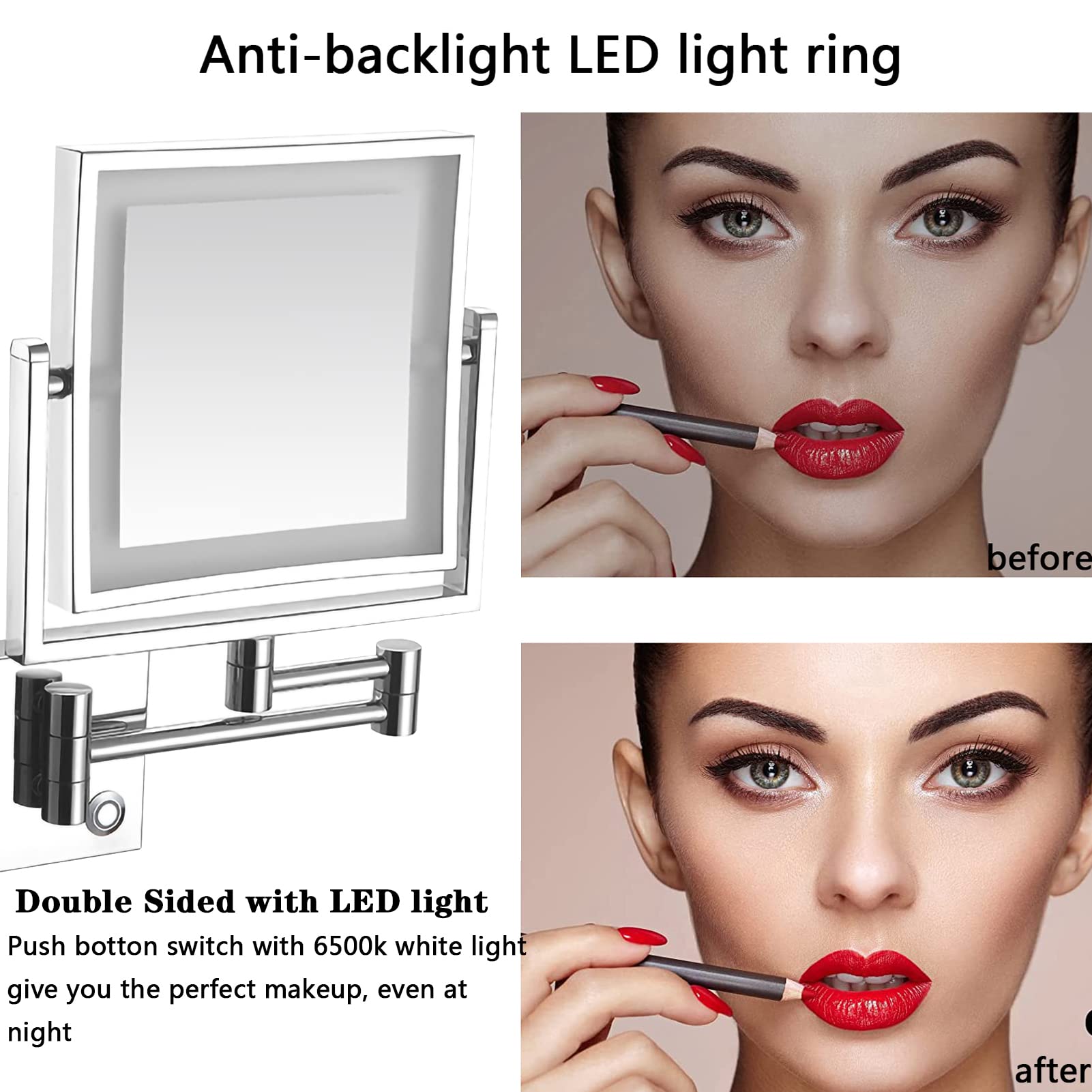 Verlichte make-upspiegel, aan de muur gemonteerde make-upspiegel met LED, uitschuifbare dubbelzijdige make-upspiegel met 3x vergroting, 360 ° draaibaar, USB-voeding,Zilver