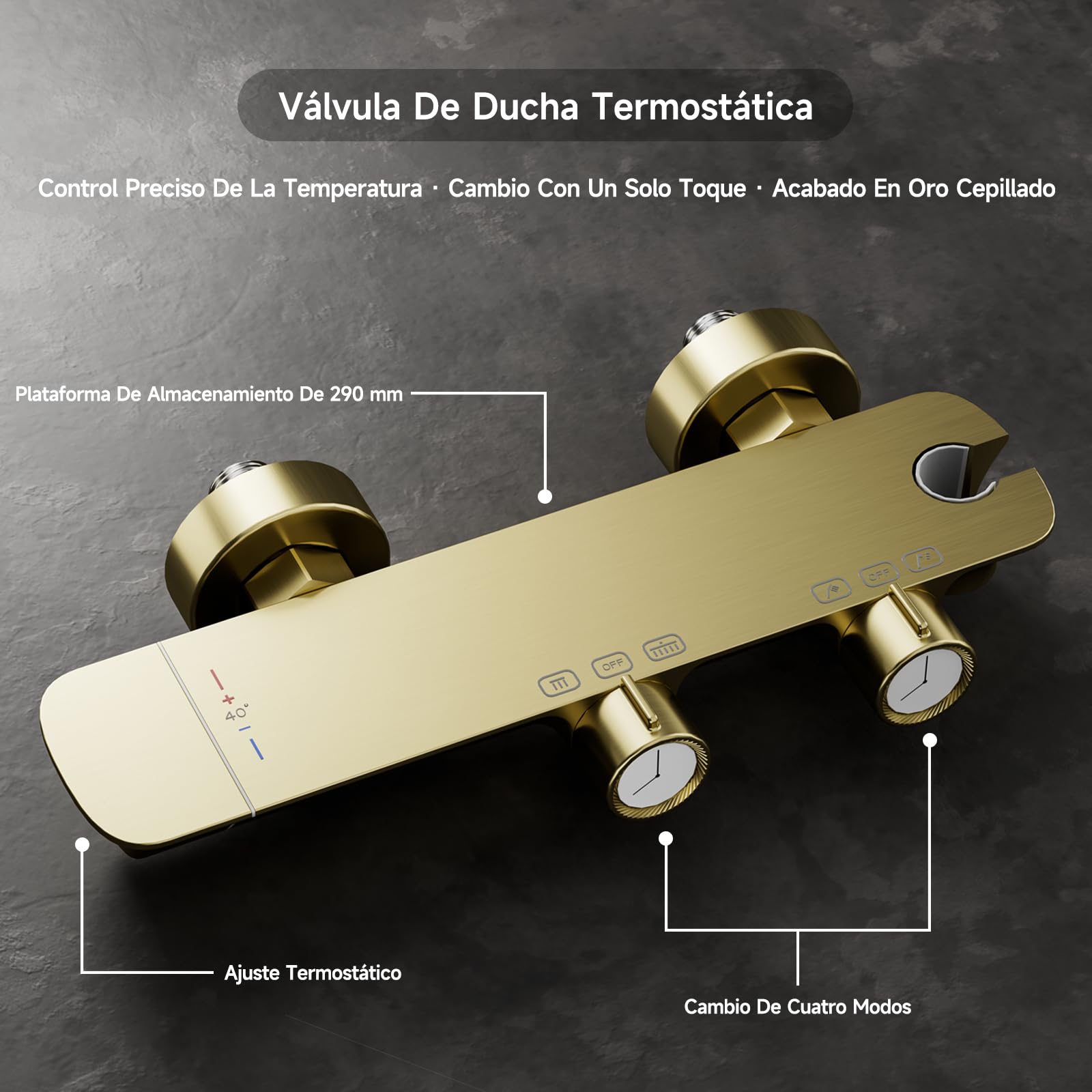 Columna Ducha, Columna de Ducha Termostática 4 en 1 Oro Cepillado | Cabezal de ducha de lluvia grande de 320 × 220 mm, columna ducha con grifo, accesorios de ducha completos, ajustable 360°