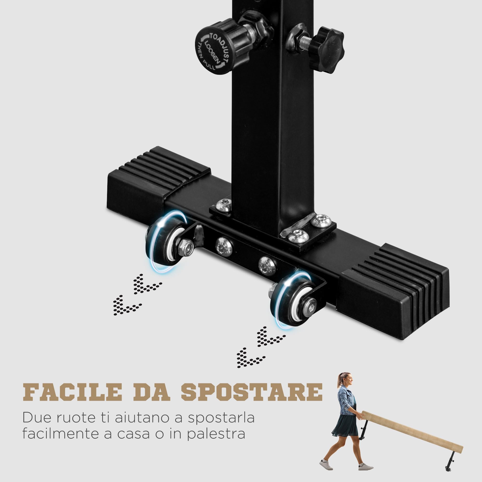 HOMCOM Trave Ginnastica Artistica da Casa con Altezza Regolabile, Ruote e Piedini Antiscivolo, per Bambini da 3-12 Anni, 226x31x59cm, Marrone