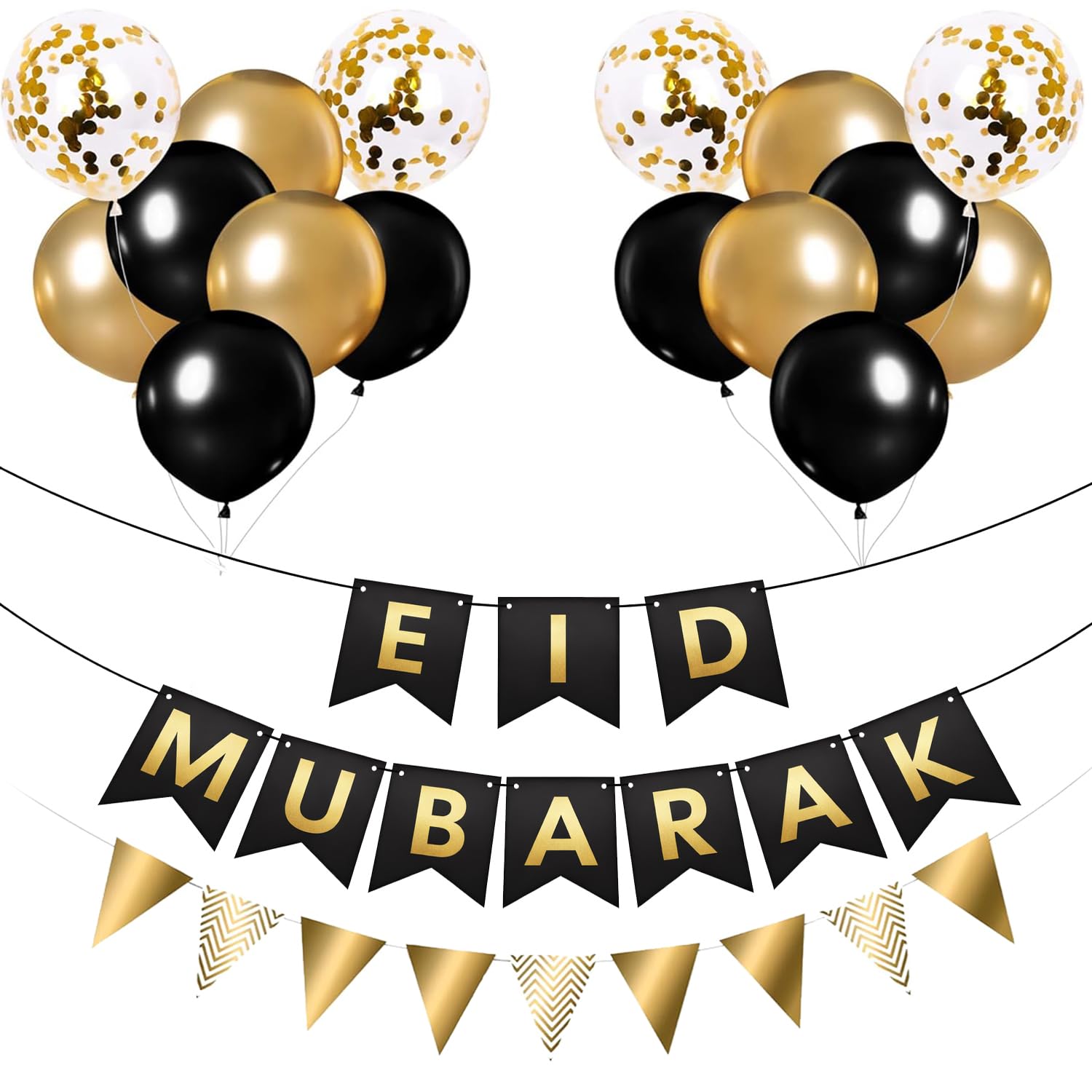 Buygain Eid Decorations For Home, Black And Gold Eid Mubarak Decorations -12inch Balloons, Ribbons and Banners, Buntings, Wall Hooks, A Perfect Eid Decorations Balloons.