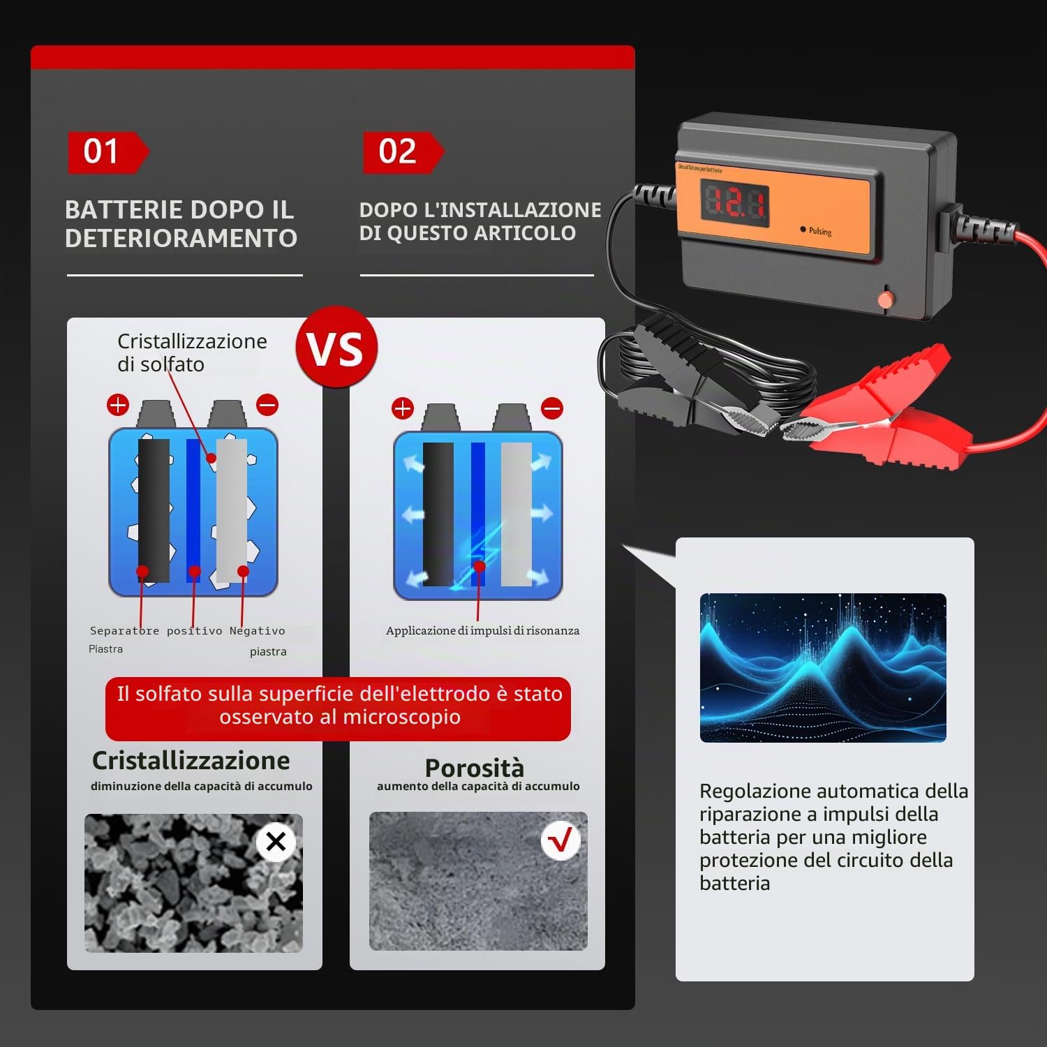 Desolfatore Automatico per Batterie al Piombo-Acido GEL, AGM, SLA, 12-48V, 200AH, con Clip Grandi, per Auto, Camion, Moto, ATV, Barche, Pannello Solare (arancione)