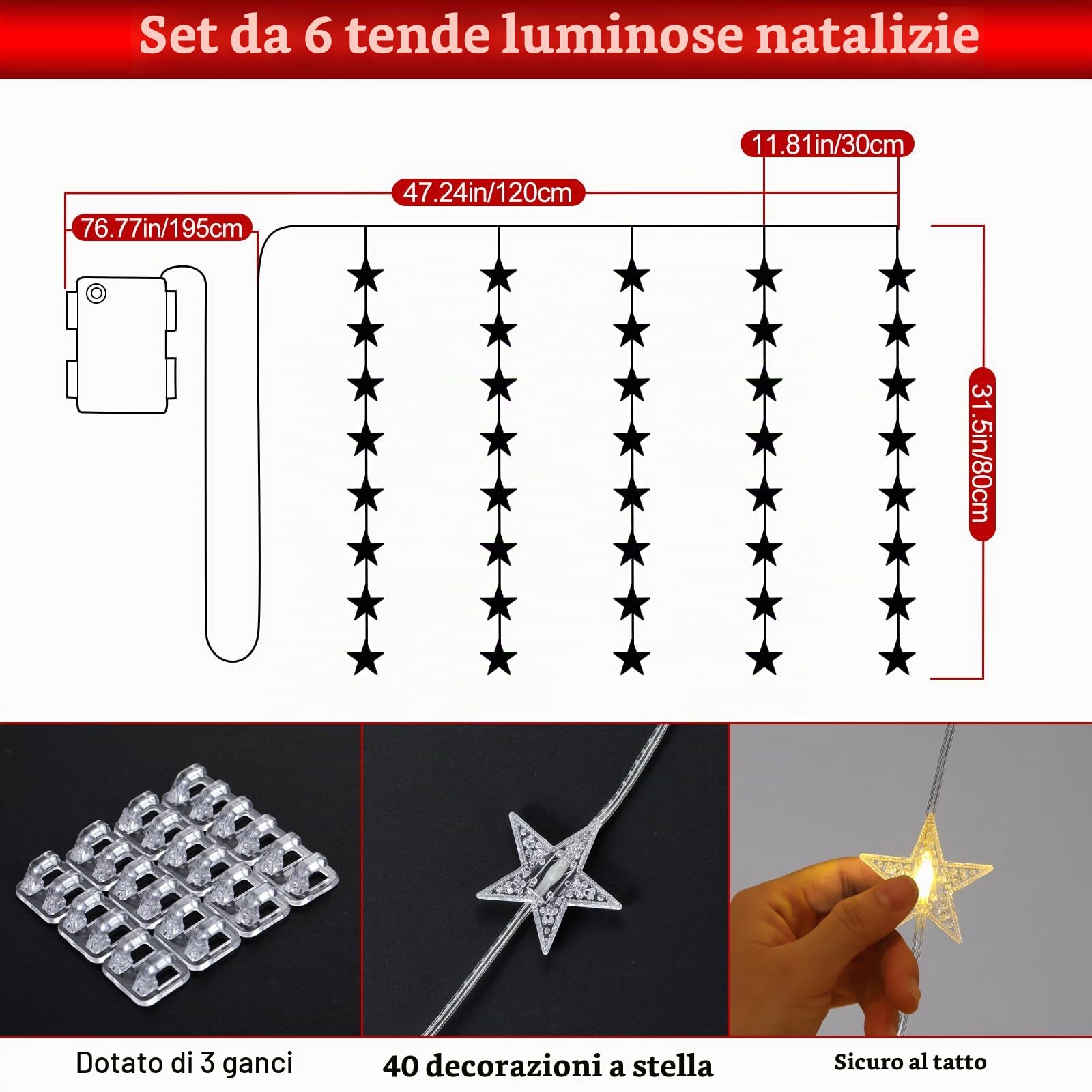 Lewondr 40 LED Luci A Tendina Natalizie, 6PCS Luci Appendibili Con Timer 6H & 8 Modalità, Luce A Batteria Per Decorazione Interna Camera Da Letto Natale Matrimonio Festa, Luce Calda