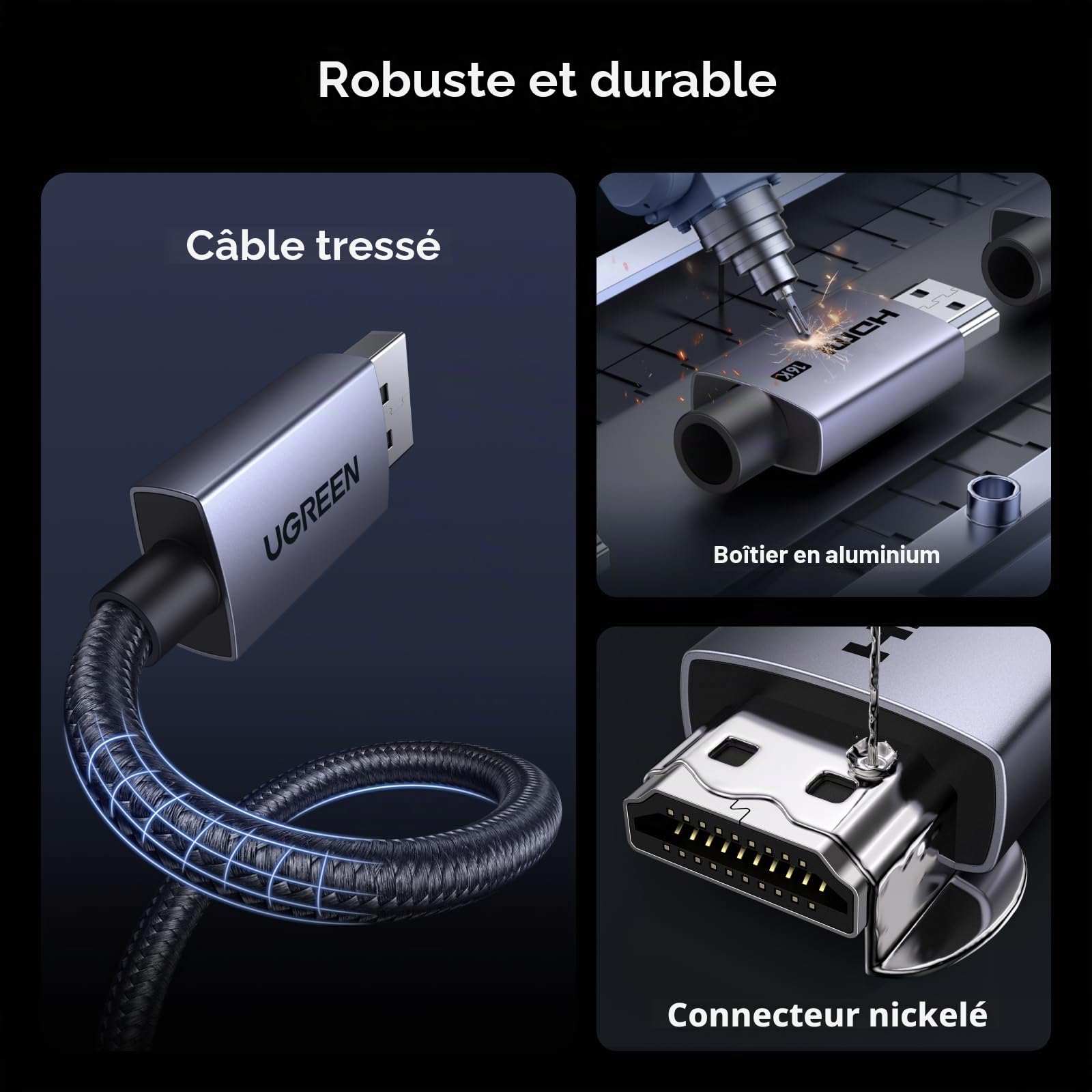 UGREEN 16K Câble HDMI 2.2 16K 60Hz 12K 8K 240Hz 96Gbps Ultra Haute Vitesse Cordon HDMI Aluminium LIP DynamicHDR Dolby Atmos HDCP Nylon Tressé Compatible avec PS5 4 Xbox MacBook Pro Blu Ray HDTV 2M