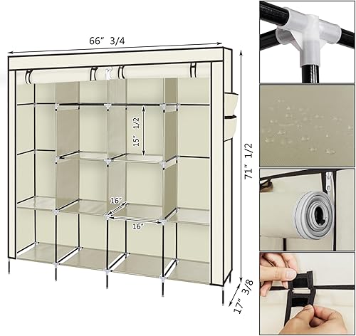 Miniatura 4 de Armario portátil para dormitorio, riel de ropa con funda de tela no tejida, organizador de almacenamiento de ropa, perchero de ropa, 12 estantes, 4