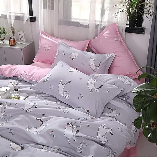 Miniatura 4 de Omelas - Juego de funda de edredón gris para niñas, tamaño individual, diseño de gatos encantadores que juegan con geometría rosa, colección de ropa