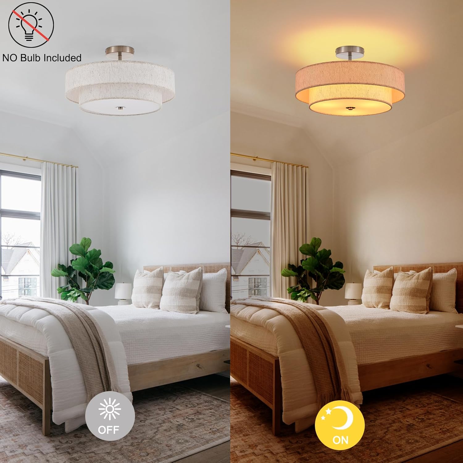 18" Semi Flush Mount Ceiling Light 3-Light Modern Linen Drum Ceiling Lighting with Chrome Finish, Vintage Ceiling Light for Living Room, Kitchen, Basement, Laundry Room, Bedroom