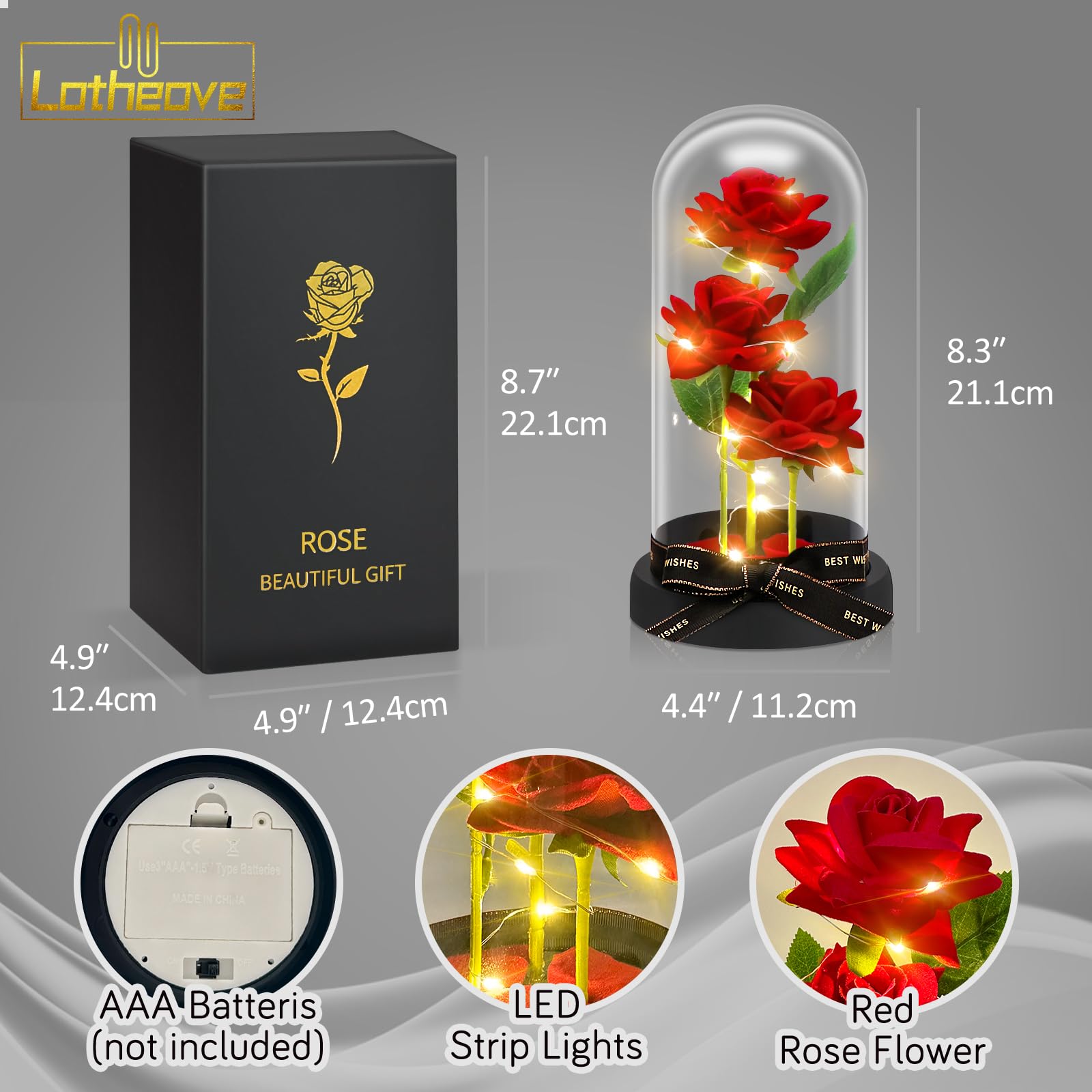 Rose avec lumières LED, anniversaires de mariage – Rose éternelle pour elle, cadeau pour maman, sœur, elle, grand-mère, épouse (base noire, rose rouge)