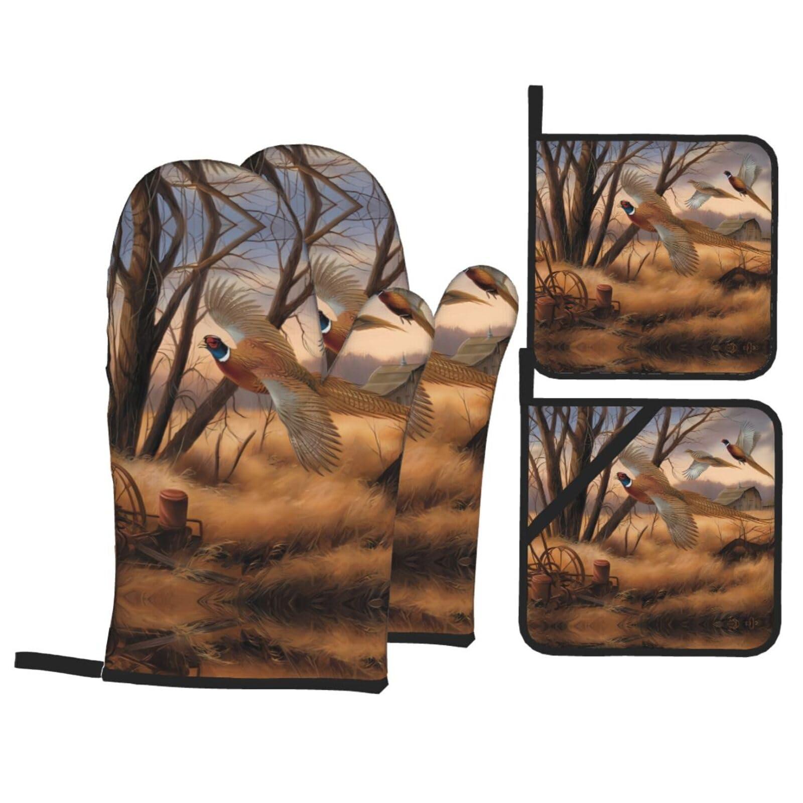 WHJSSF pheasant hunting Prints Kitchen Baking Set - 4-Piece Heat Protection Layers with Waterproof Potholders for Oven, Grill & Serving