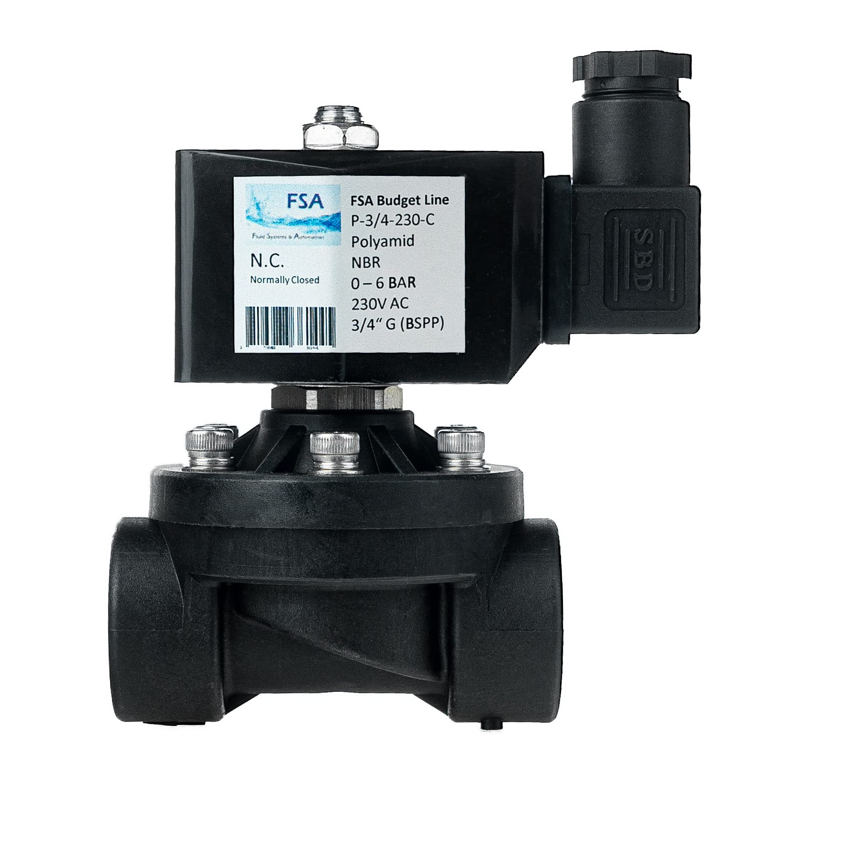 FSA Magnetventil Kunststoff PA6 3/4" 230V AC 0-6 bar NBR stromlos geschlossen
