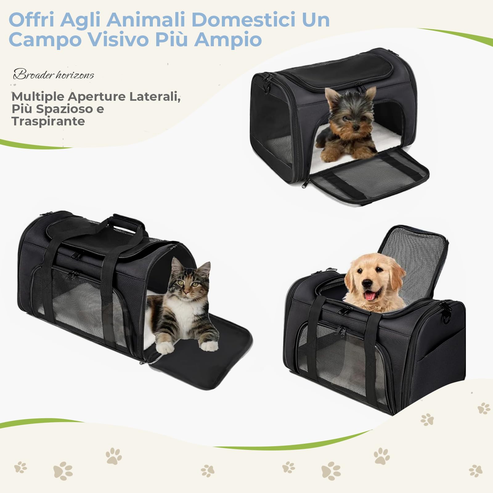 Borsa per gatti traspirante, pieghevole, adatta per gatti di piccole e medie dimensioni e cani sotto i 15 lb(6,8 kg), aperture multiple nella parte superiore (Nero, L)
