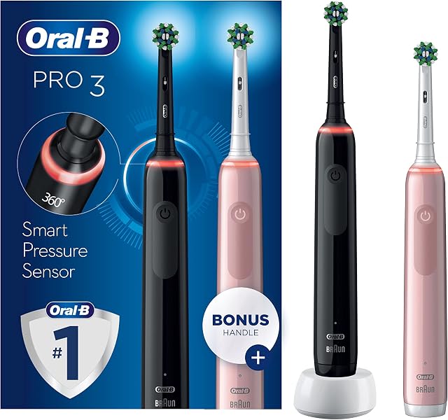 Oral-B Pro 3 2x Electric Toothbrushes with Smart Pressure Sensor, Gifts for Men / Women, 2 Handles & 2 Cross Action Toothbrush Heads, 3 Modes, Teeth Whitening, 2 Pin Plug,3900, Black & Pink