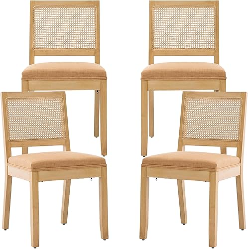 Miniatura 40 de French Country - Juego de 4 sillas de comedor de ratán beige, sillas de comedor de madera con respaldo de caña y asiento tapizado de lino, marco de
