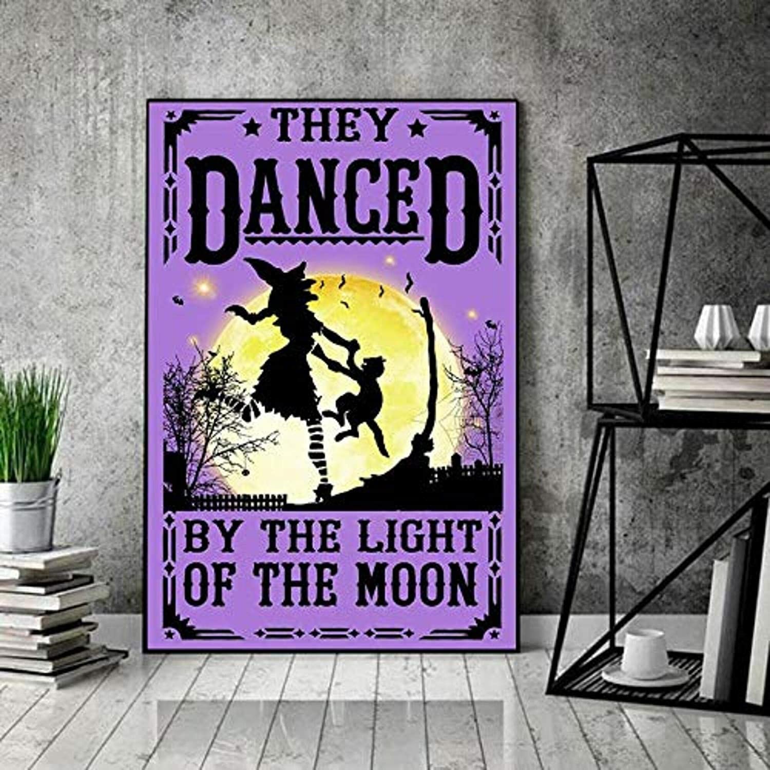 They Dance in The Moonlight, Halloween Witch Black cat Poster Metal Tin Sign Vintage Decor Beer Tin Sign Wall Decor 12x16inch