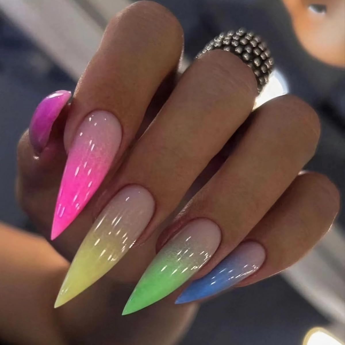 BABALAL Long Stiletto Press on nails Colorful Fake Nails Rainbow Glue on Nails Almond Acrylic Stick on Nails 24pcs Summer Manicure Gel Nails