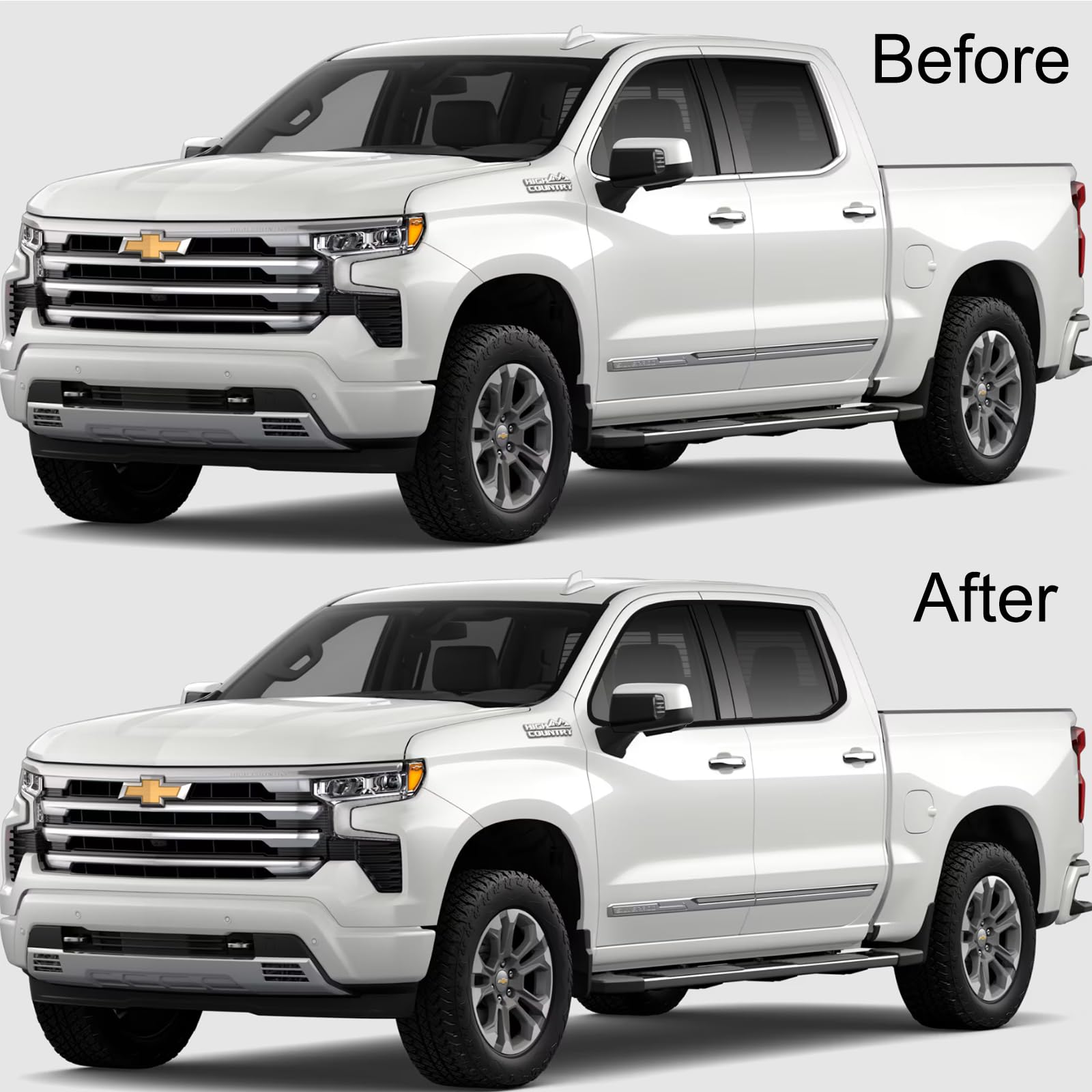 Silverado side trim removal options: delete, black replacement, chrome upgrade side-by-side