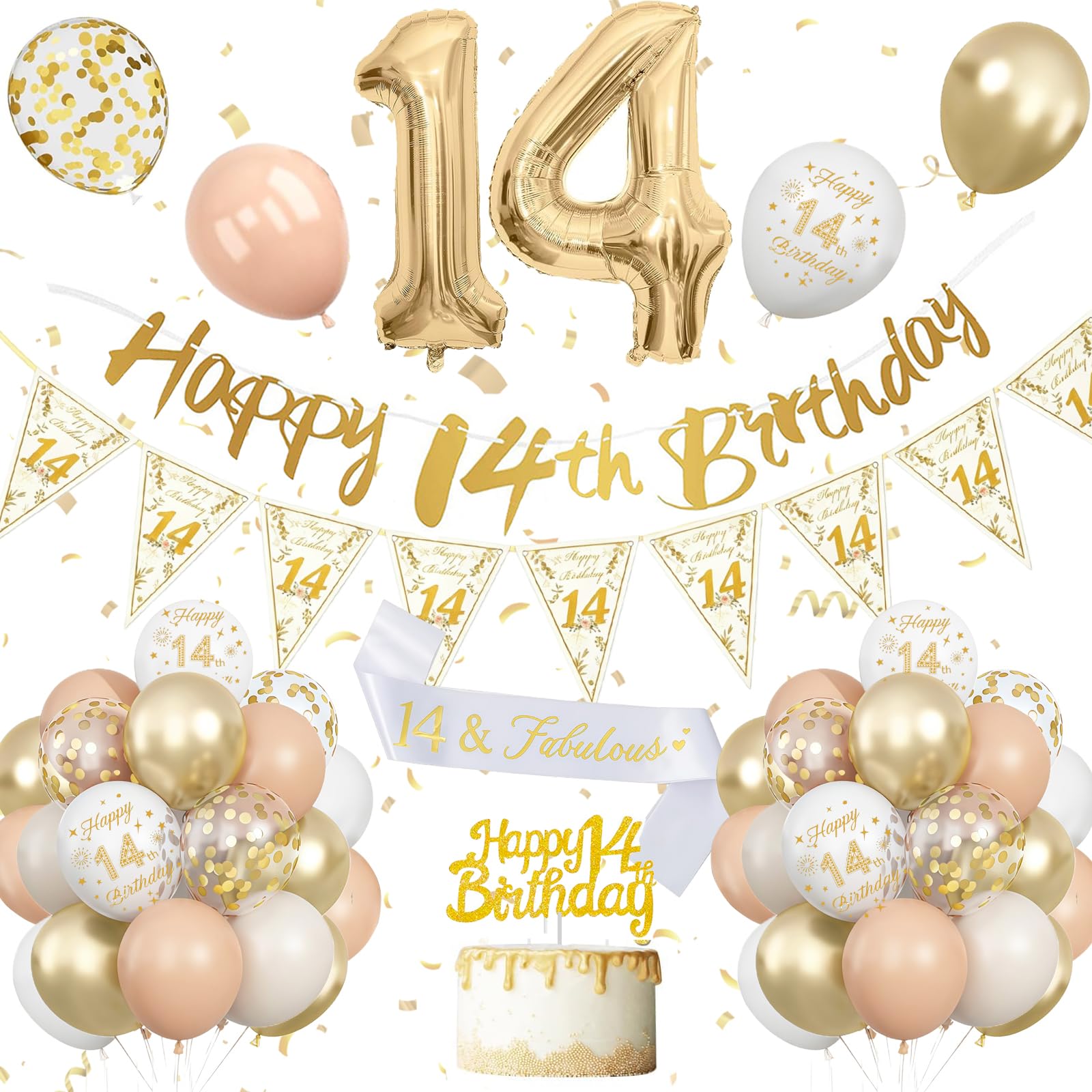 14th Birthday Decoration for Girls,14th Birthday Decorations Girl, Beige White Gold Balloons With Happy 14th Banner, Cake Topper, Number 14 Foil Balloons for Boy Girl Party Decoration
