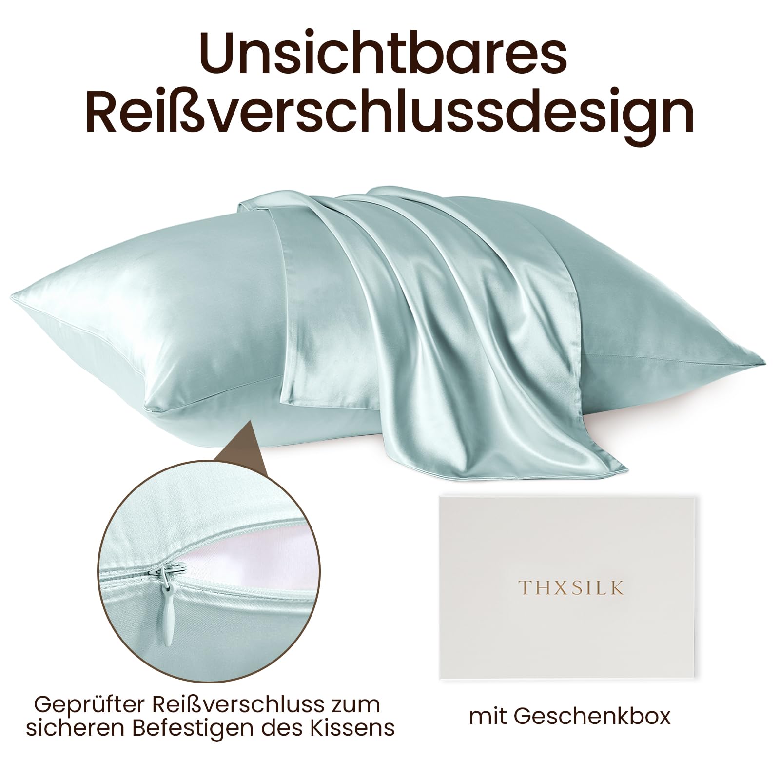 THXSILK Funda de almohada de seda de 25 Momme para cabello y piel, funda de almohada de seda de morera, hipoalergénica con cremallera oculta, seda pura en ambos lados… (azul claro, 40 x 80 cm)