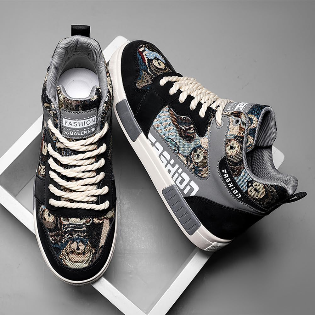 Men's Fashion High Top Chinese Style Skate Sneakers Stylish Comfortable Skateboarding Road Running Walking Shoes: 12.5 Black Grey