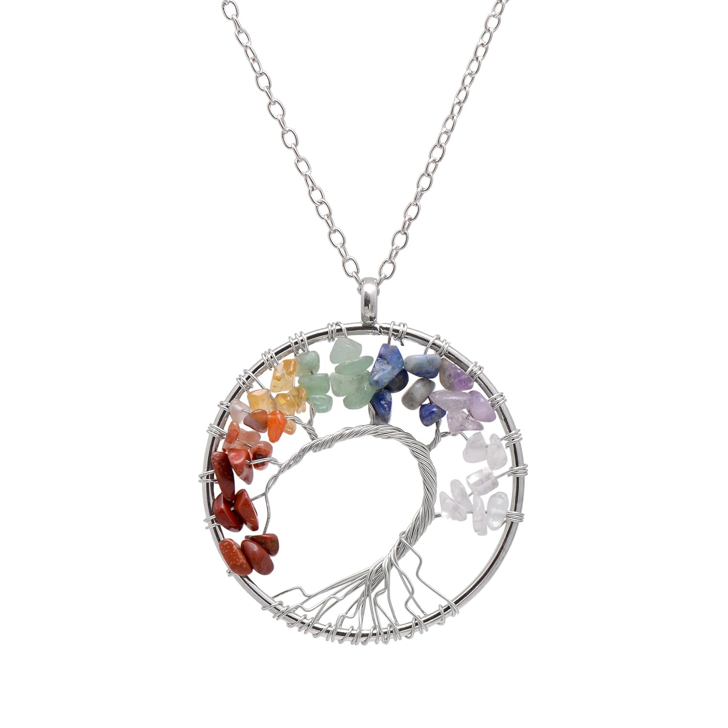 Hand Wired Seven Chakra Gemstones Tree of Life Round Pendant Necklace