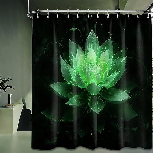 Miniatura 24 de Cortina de ducha negra y dorada con flores de loto amarillo dorado para juegos de decoración de baño, tela impermeable con ganchos, 70 x 72 pulgadas