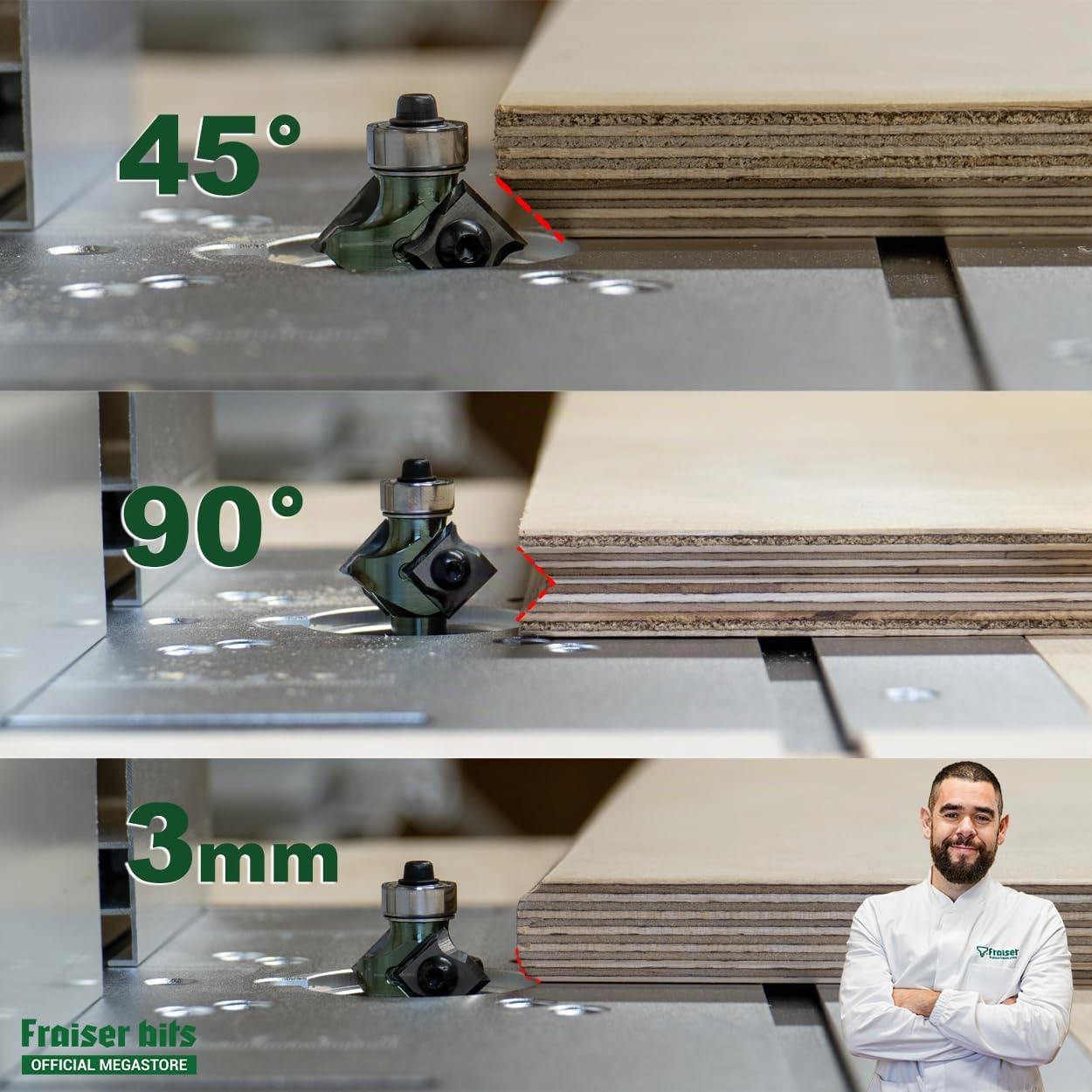 Fraiser Kantenfräser 3-in-1 - Fasenfräser 45 Grad, Abrundfräser / Radiusfräser R3 und V-Profilfräser 90 Grad, mit Kugellager und Wendeplatten, 8 mm Schaft - für Oberfräse, Kantenfräse und Frästisch