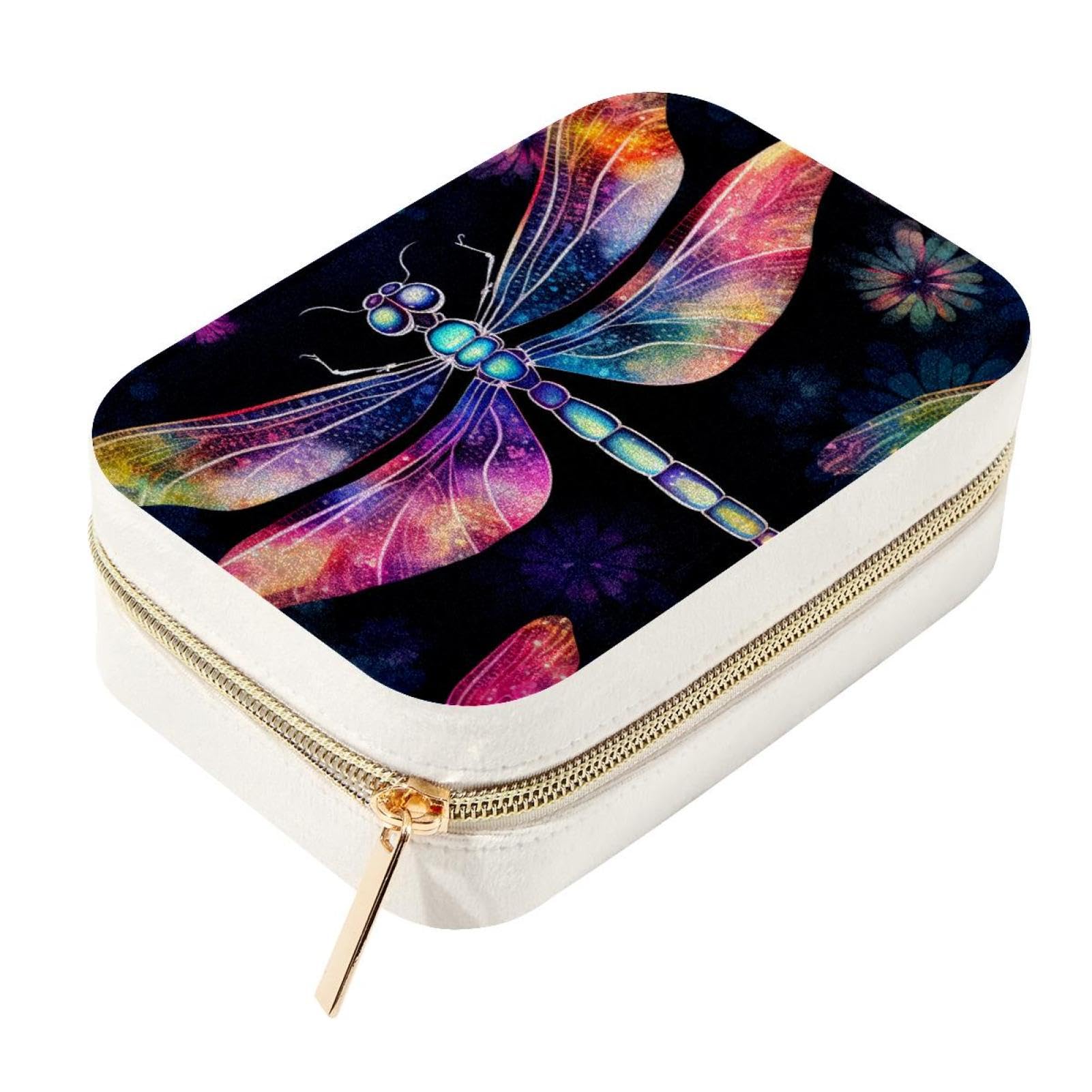 Petit rangement bijoux voyage velours portable rose motifs libellules