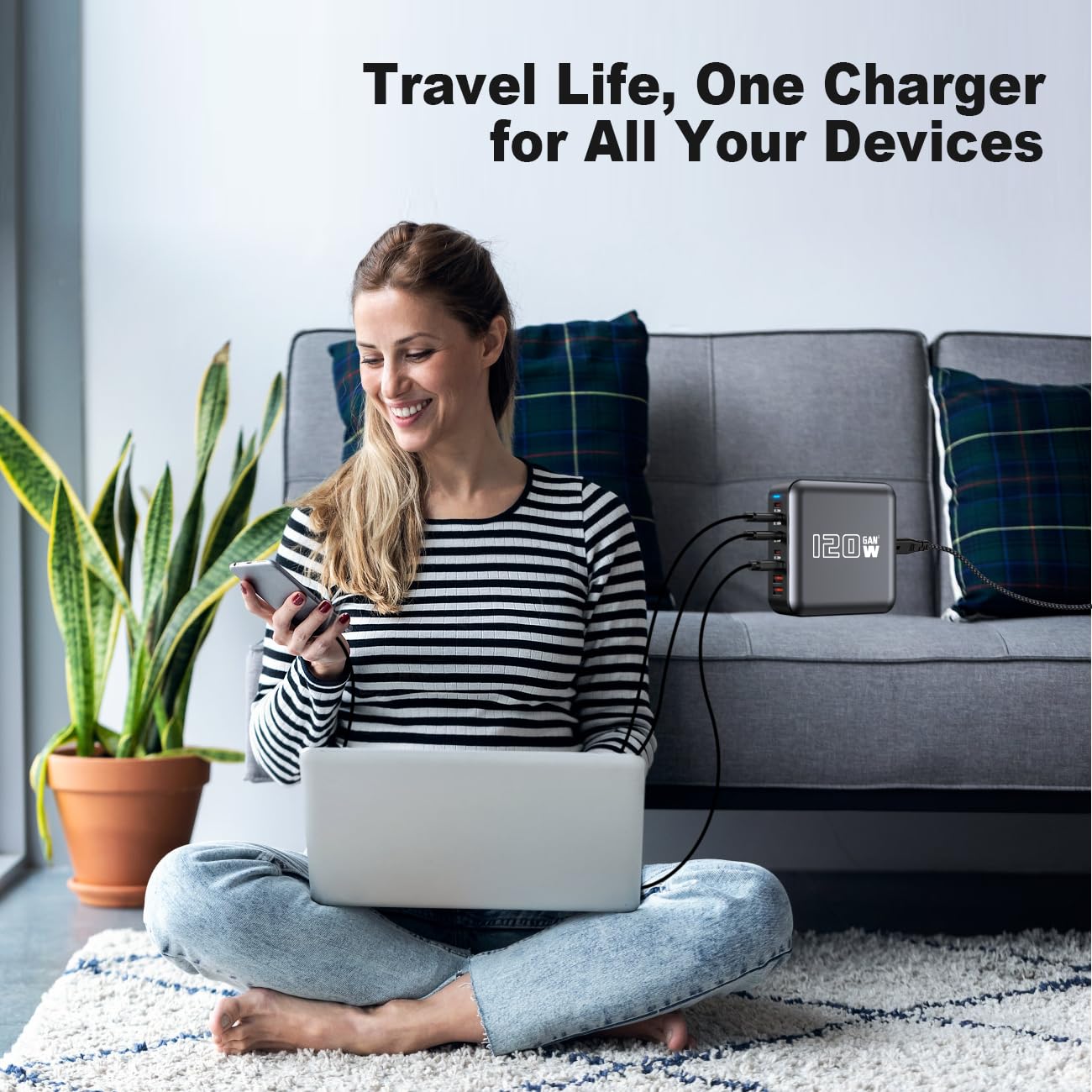Szybka ładowarka USB C, 6-portowa stacja ładująca GaN Hub Adapter 120 W, gniazdo taśmy zasilającej z wieloma ładowarkami ściennymi USB C do iPada iPhone 17 16 15 14 13 12 Pro Max Galaxy (szary)
