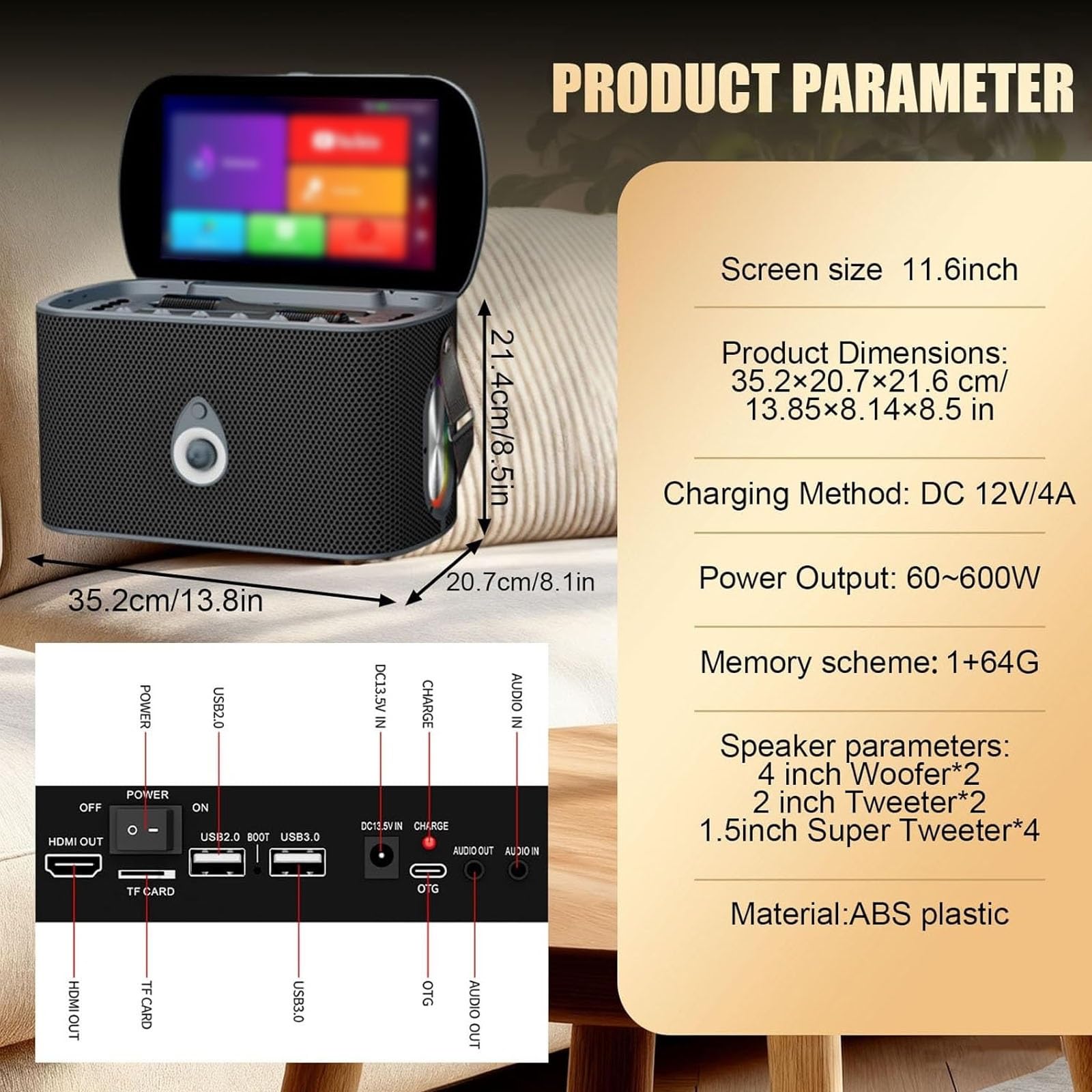 Macchina For Karaoke Wireless Con Touchscreen IPS Da 11,6" – 1+64 GB Di Spazio Di Archiviazione, Doppi Microfoni, Trasmissione Schermo HDMI +, Cache Brani Online, For Feste In Casa