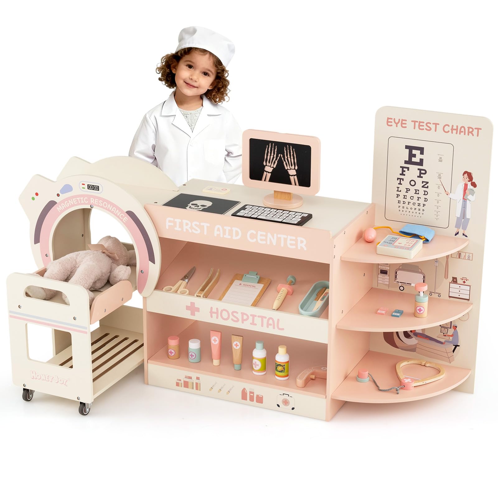 GOPLUS Juego de Médicos de Madera para Niños, Centro Médico de Juguete Infantil con Máquina de CT, Cartel de Vista, Estetoscopio, Termómetro y Accesorios, Juego de Doctor para Niños de 3+ Años