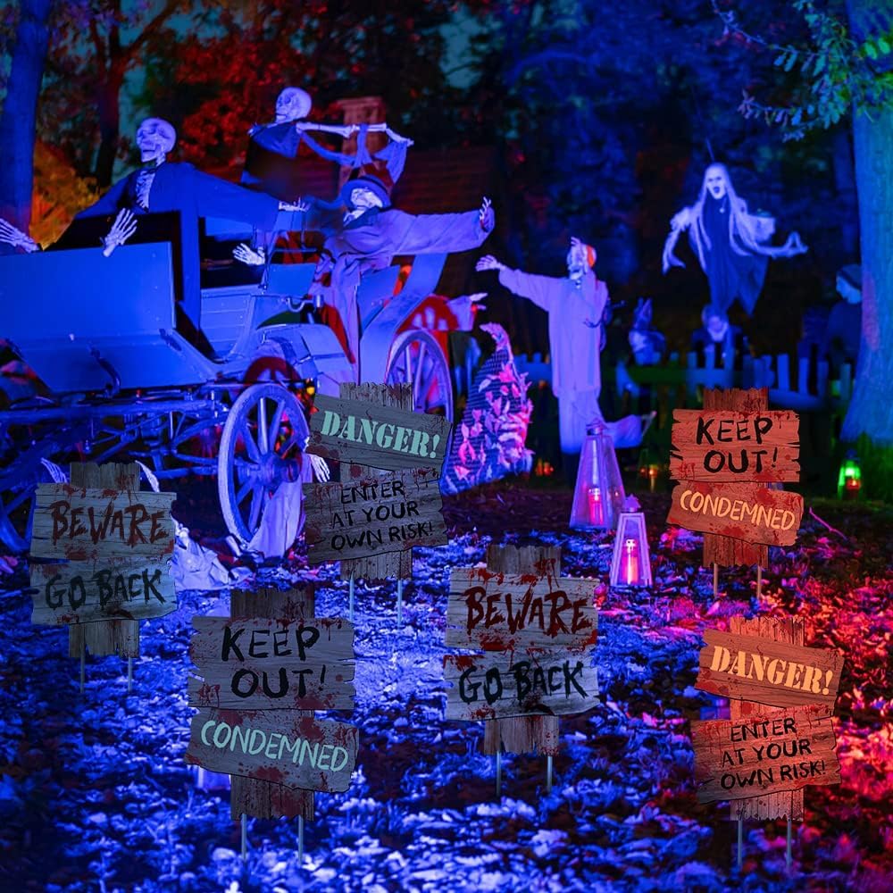 Halloween Decorations Outdoor Beware Yard Signs Stakes Creepy Assorted Warning Sign, Scary Zombie Theme Party Decor Supplies, Halloween Party Decorations, 3 Pieces, 12