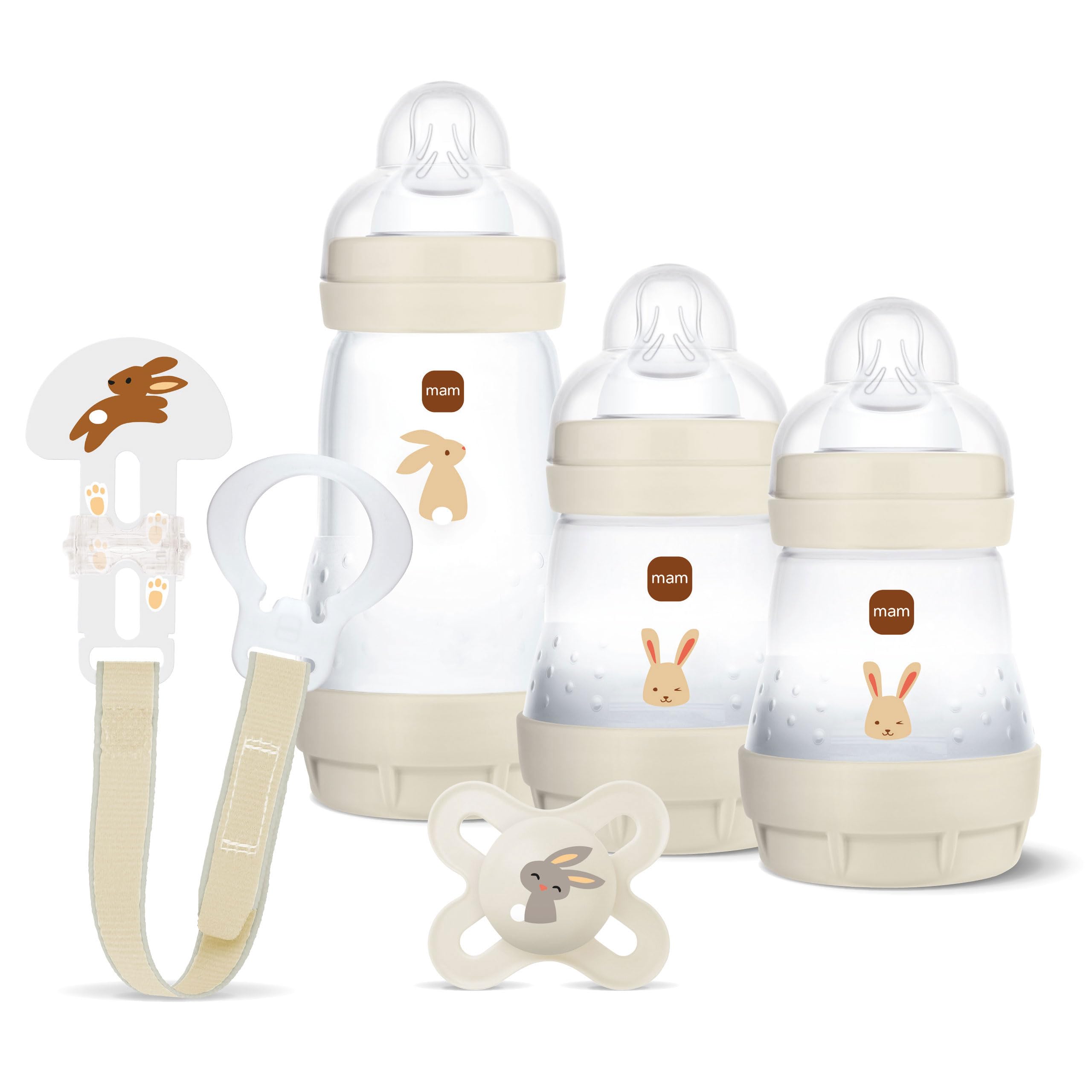 MAM Easy Start Anti-Colic Welcome Set | 0+ Mon | Baby Erstausstattung mit 3 Anti-Colic Babyflaschen Schnuller und Schnullerband | hochwertiges Baby Geschenk Set | beige