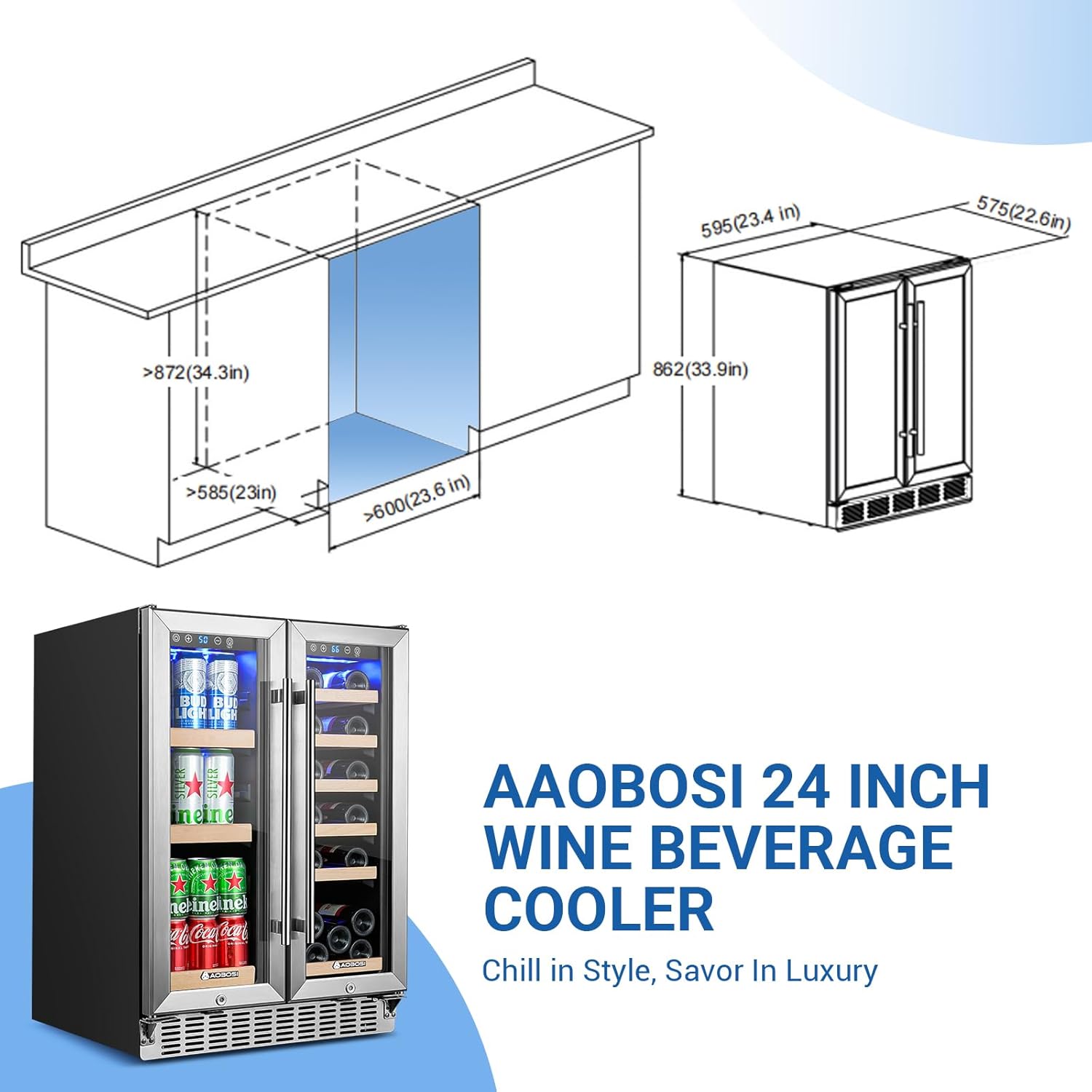 AAOBOSI Upgraded Dual Zone 24&30 Inch Wine and Beverage Cooler,Built-in and Freestanding,Removable FashionWoodenFrame,Intelligent Digital Temperatrue Control,Low Noise(2 Unit)