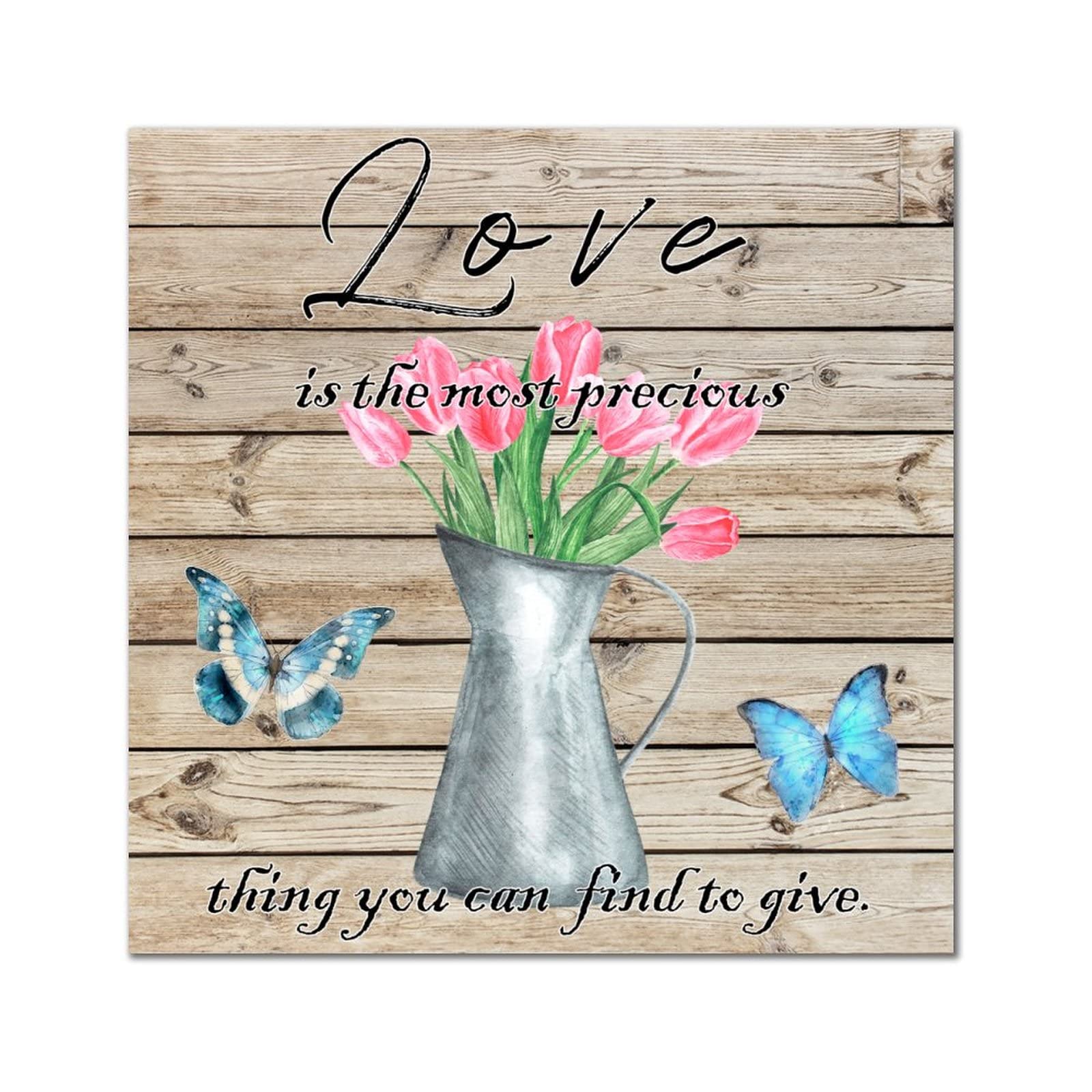 Plaque murale en bois tableau papillon tulipe bouilloire 40x40 cm