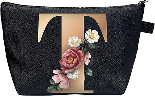 CTNUOBEE Bolsa de comestic con letras del alfabeto dorado con bolsa de maquillaje de flores, bolsa de viaje portátil con cremallera, bolsa de aseo