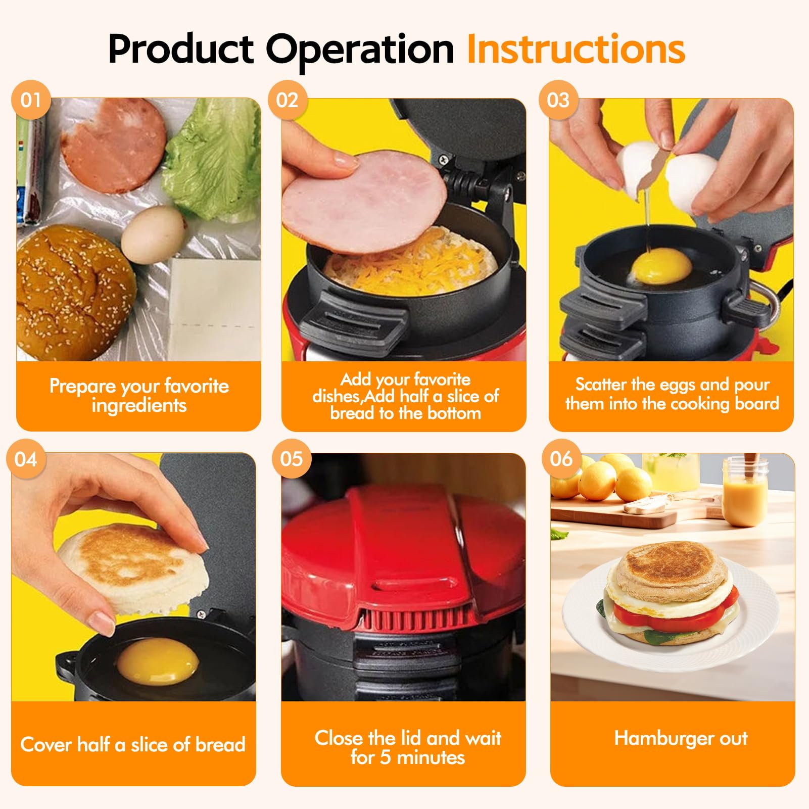 Elektrischer Sandwichtoaster Burger Maker, Muffin Maker & Gegrillter Sandwichmaker, Mit OmelettRing, Kochplatten Mit Nicht-Stick, Perfekt Für Hamburger, Snacks, Schnelles Frühstück (Rot)