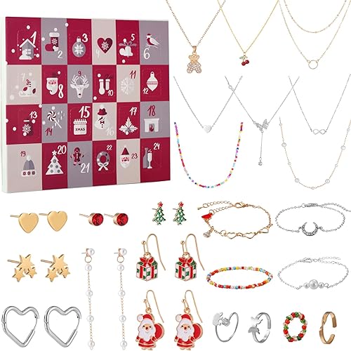 Calendario de Adviento de joyas para adultos, niñas y mujeres, calendario de Adviento de cuenta regresiva de 24 días de Navidad, caja de regalo de