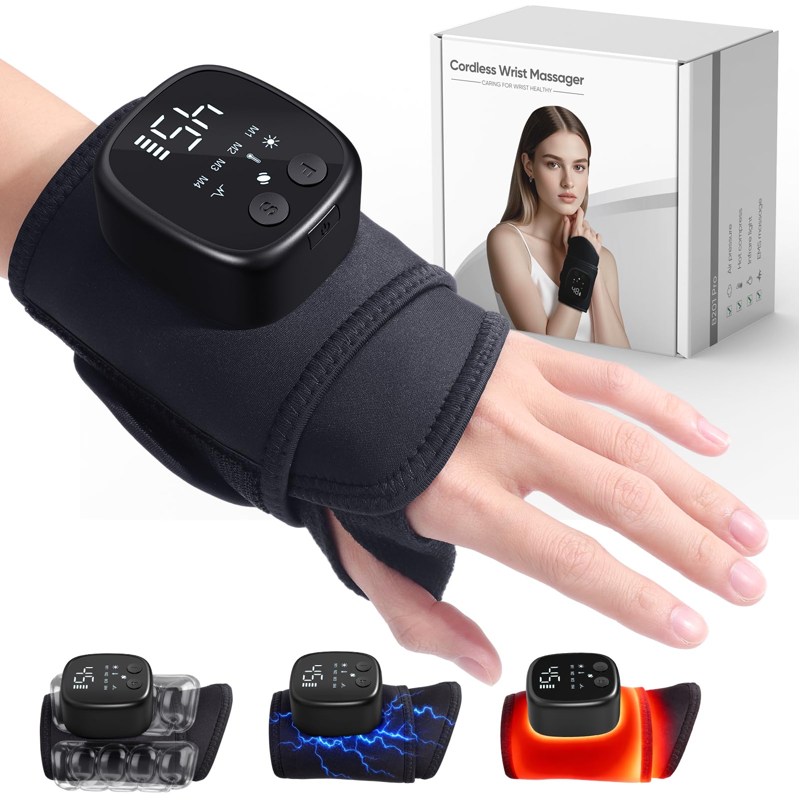 4 in 1 Handmassagegerät mit Wärme und Kompression, EMS Handgelenk Massagegerät bei Arthritis & Karpaltunnelsyndrom, Massager Schmerzlinderung für Handgelenk, Geschenke für Damen Herren