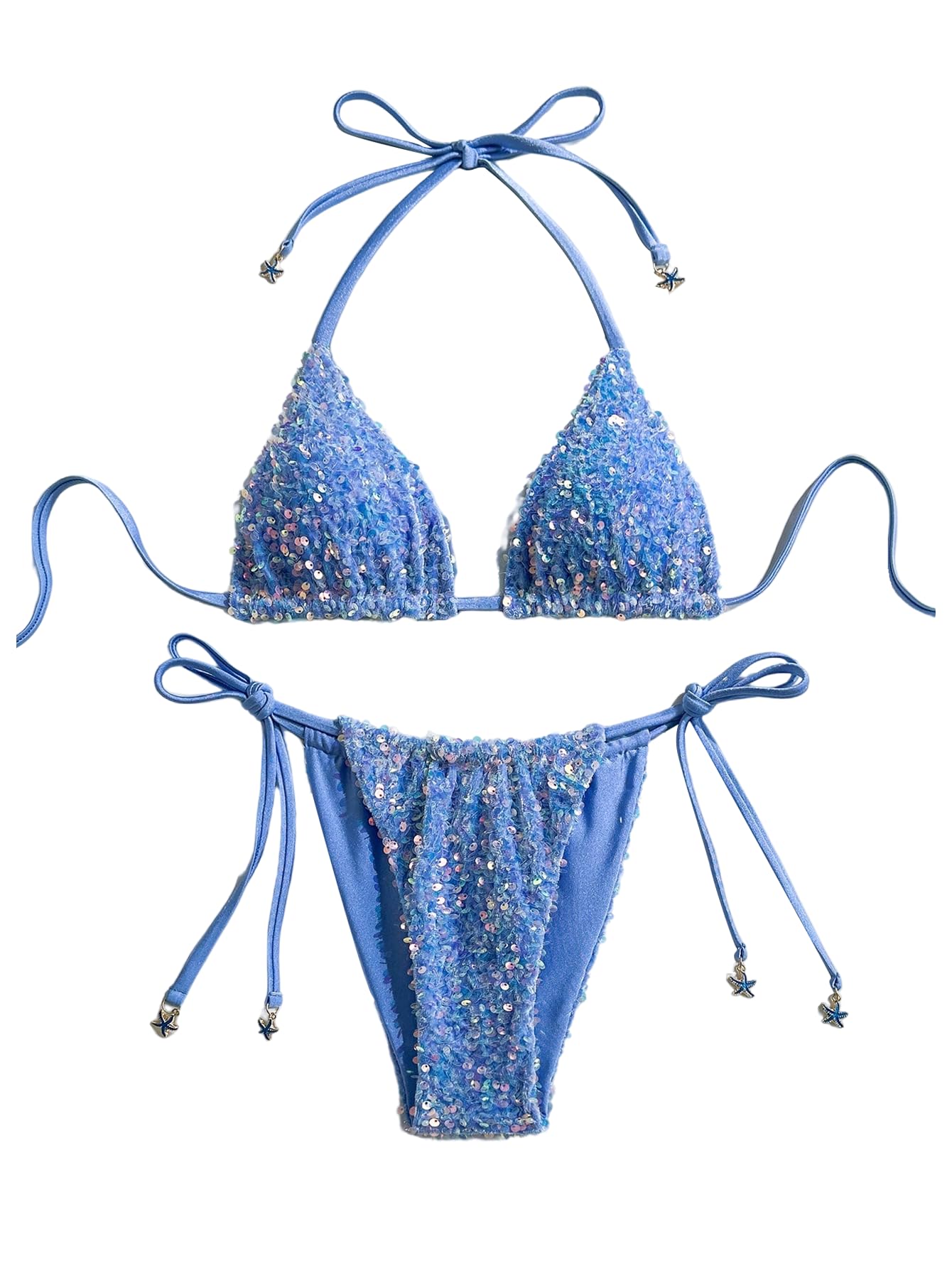 floerns Women's Bikini Sets Sparkly Sequin Triangle Halter Swimsuit String Tie Side Two Piece Bathing Suit-picture-14