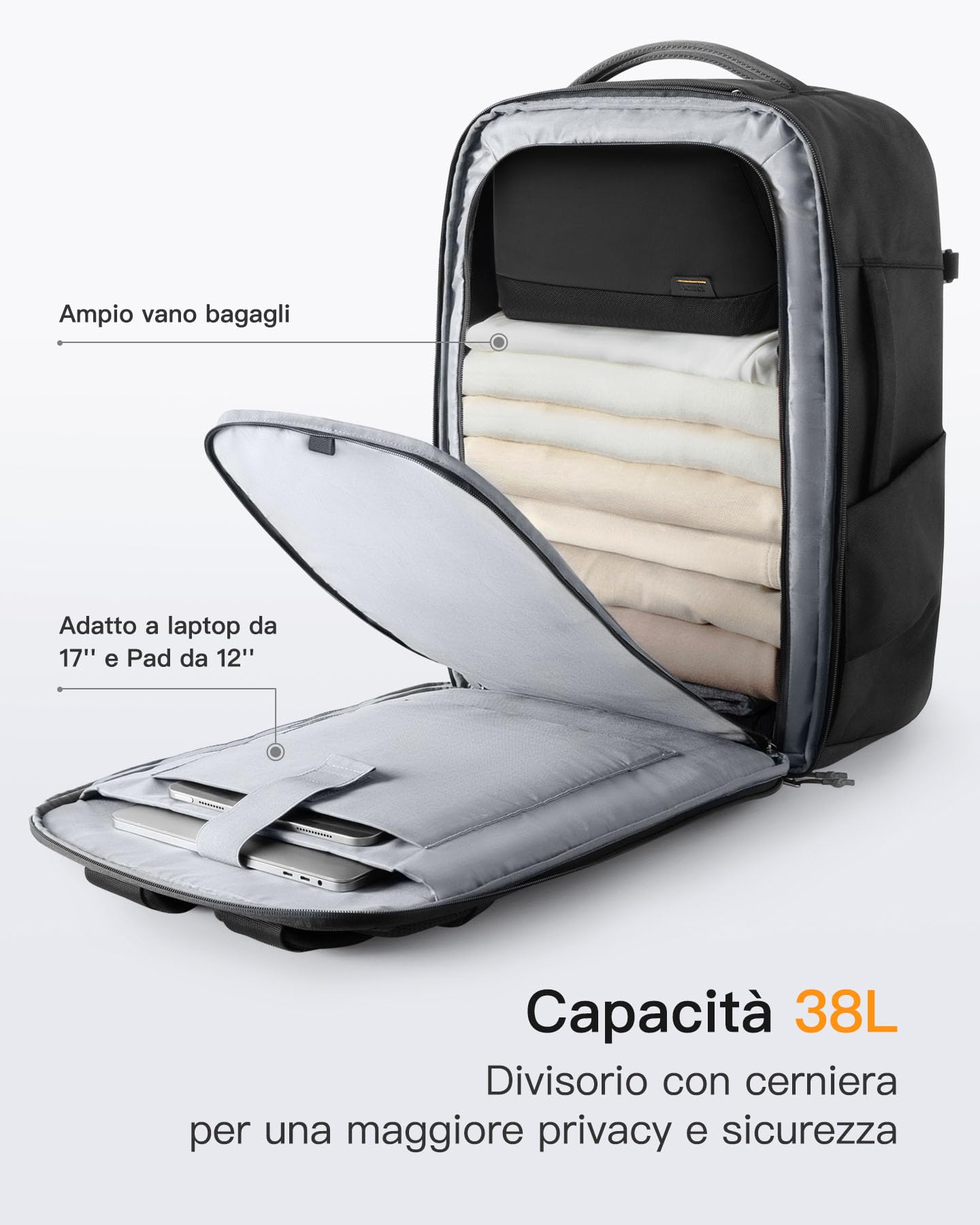 Inateck Zaino Viaggio TSA-friendly, 38L Bagaglio a Mano con Scomparto per Scarpe Separato, per Donna Uomo Resistente agli Schizzi, Nero