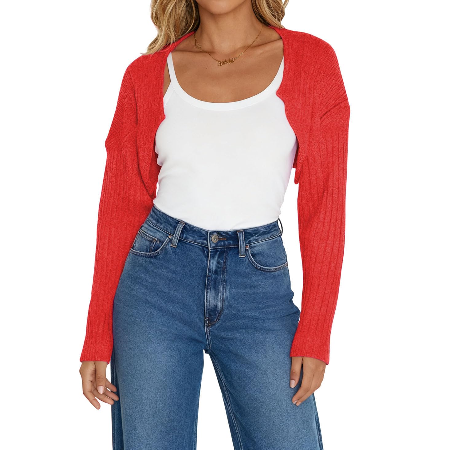 Women Long Sleeve Open Front Ribbed Knit Crop Cardigan Solid Loose Drop Shoulder Shrug Bolero Crop Sweater Top