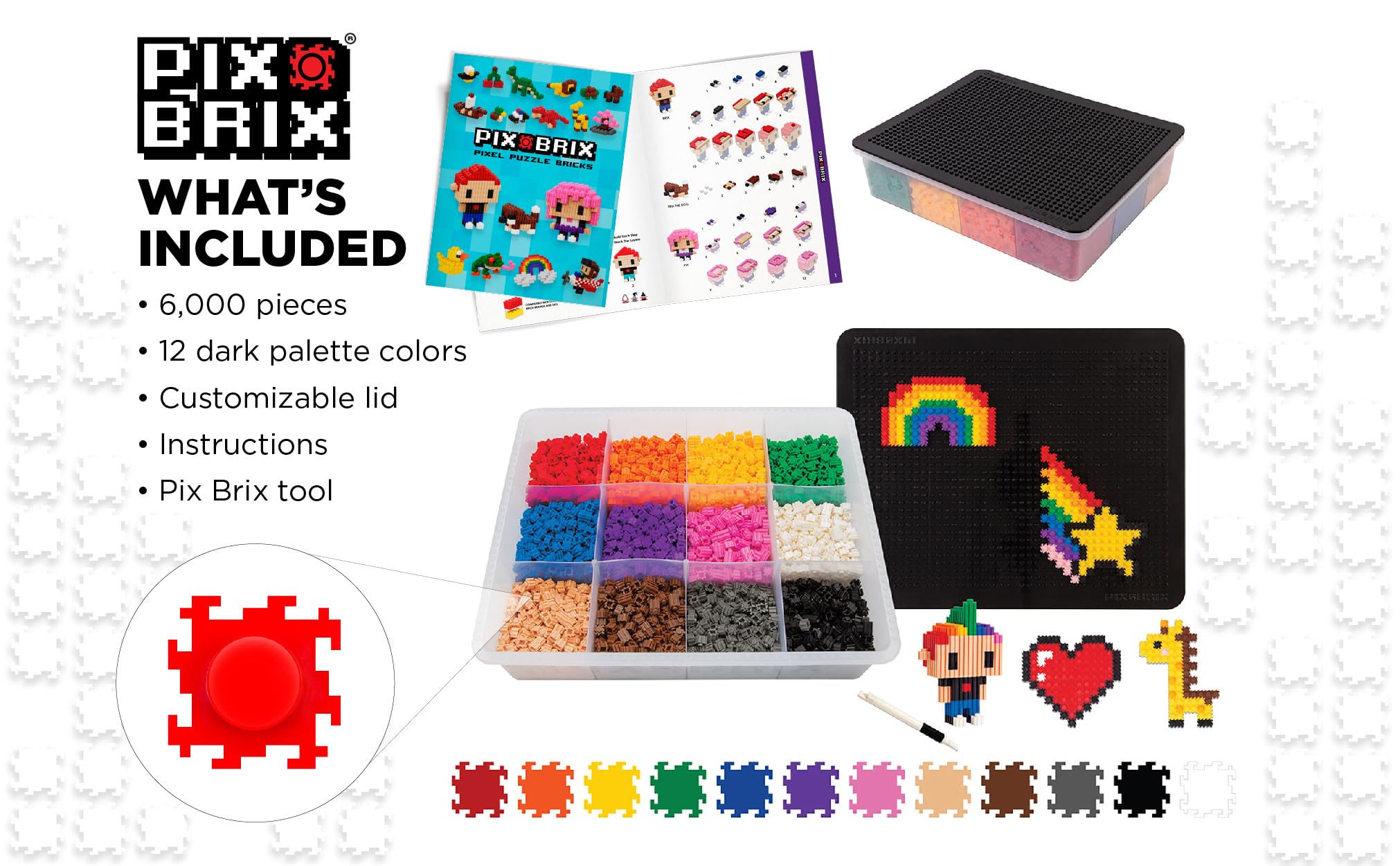 Pix Brix Pixel Art Puzzle Bricks – 6,000 Piece Pixel Art Container, 12 Color Dark Palette – Interlocking Building Bricks, Create 2D and 3D Builds Without Water or Glue – Stem Toys, Ages 6 Plus